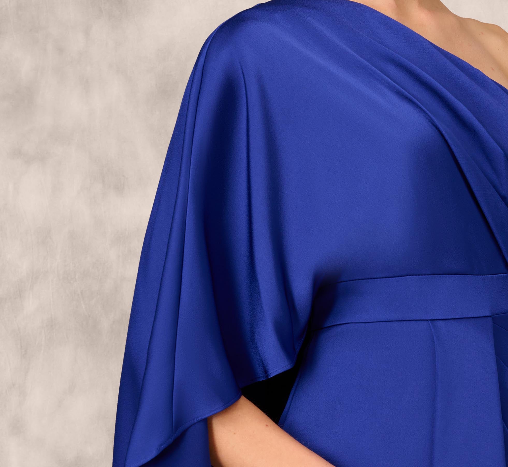 One-Shoulder Satin Draped Sheath Dress With Crepe Back And Cape In Royal Sapphire、mySite、solidvoid