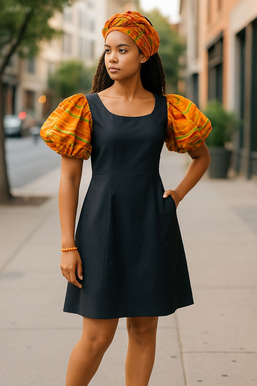 Dupsie's Adinkrahene Black bodice with Kente African print puffy short sleeve dress DP3227AD、mySite、solidvoid
