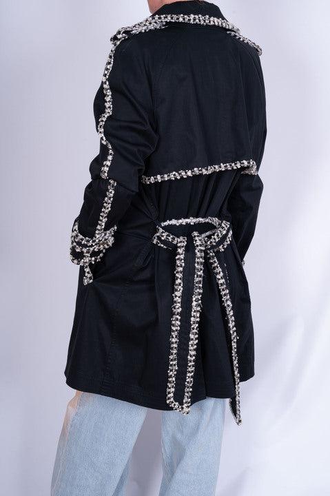Chanel Vintage Black Trench Coat with Tweed and Chain-Link Trim Rare、mySite、garminoutage.com