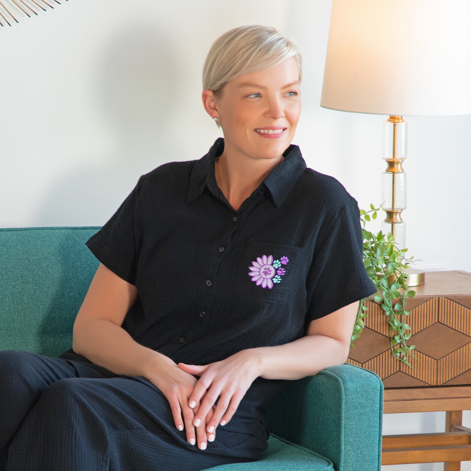 Paw Sunflower Embroidered Cotton Gauze Shirt、mySite、camillekostekn