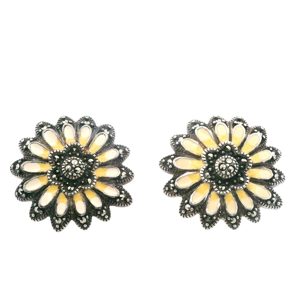 Estate Sterling Silver Marcasite & Yellow Enamel Flower Stud Earrings、mySite、botmansion