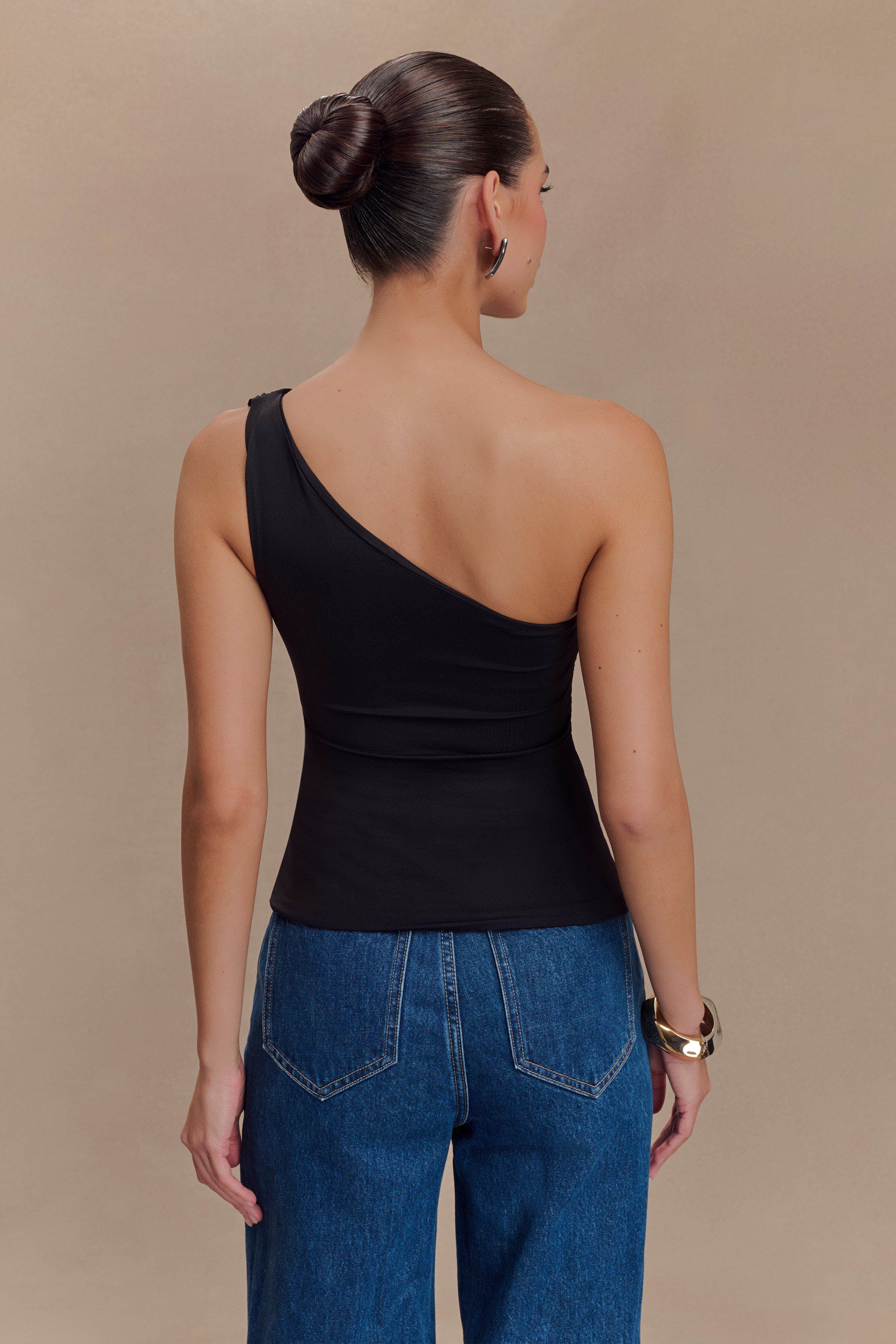 Sera One Shoulder Recycled Nylon Top With Drape - Black、mySite、solidvoid