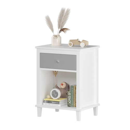 26.77''H Wooden Nightstand with One Drawer One Shelf for Kids, Adults, White+Golden handle、、casual