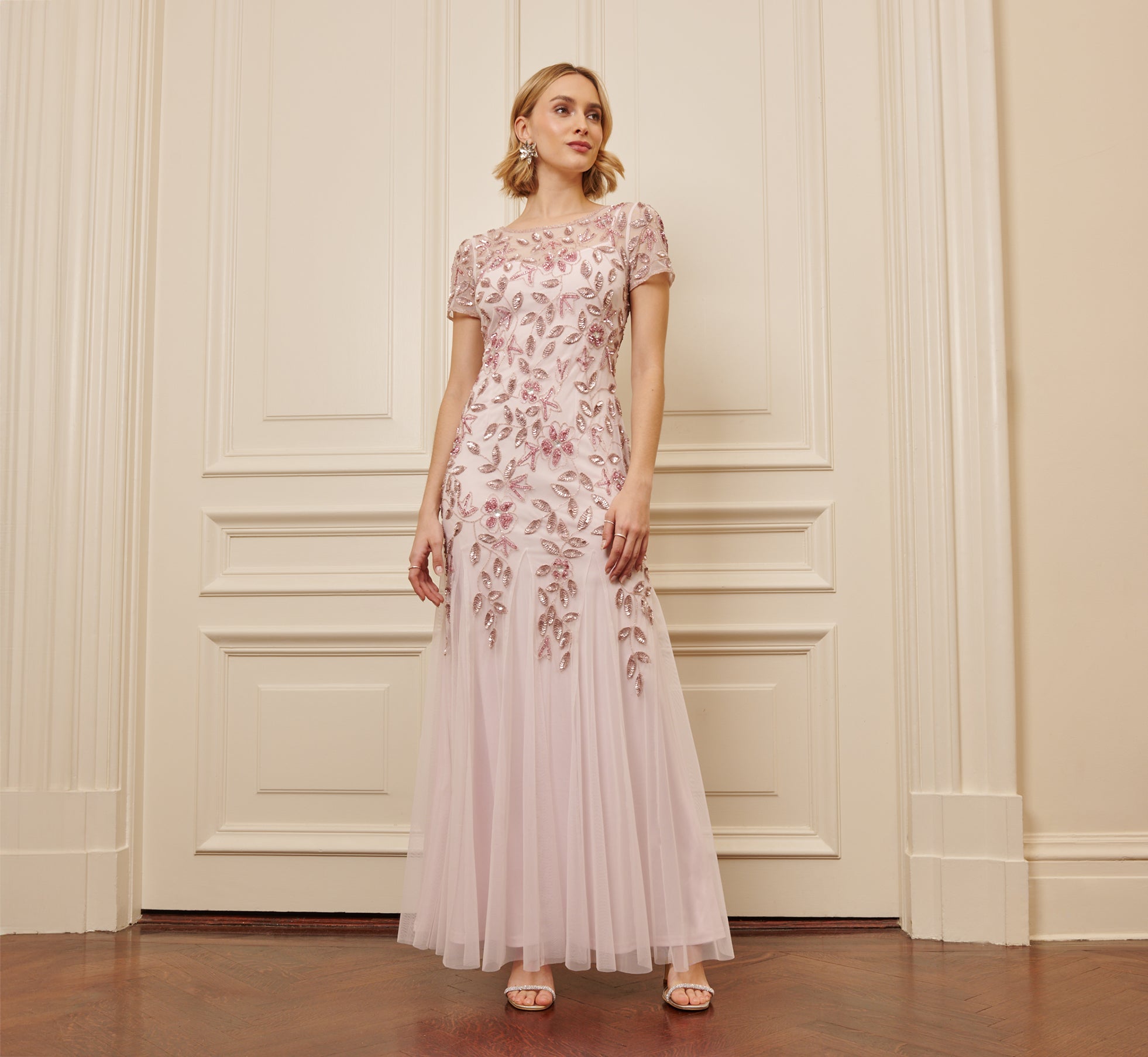 Hand Beaded Short Sleeve Floral Godet Gown In Blush Pink、mySite、solidvoid
