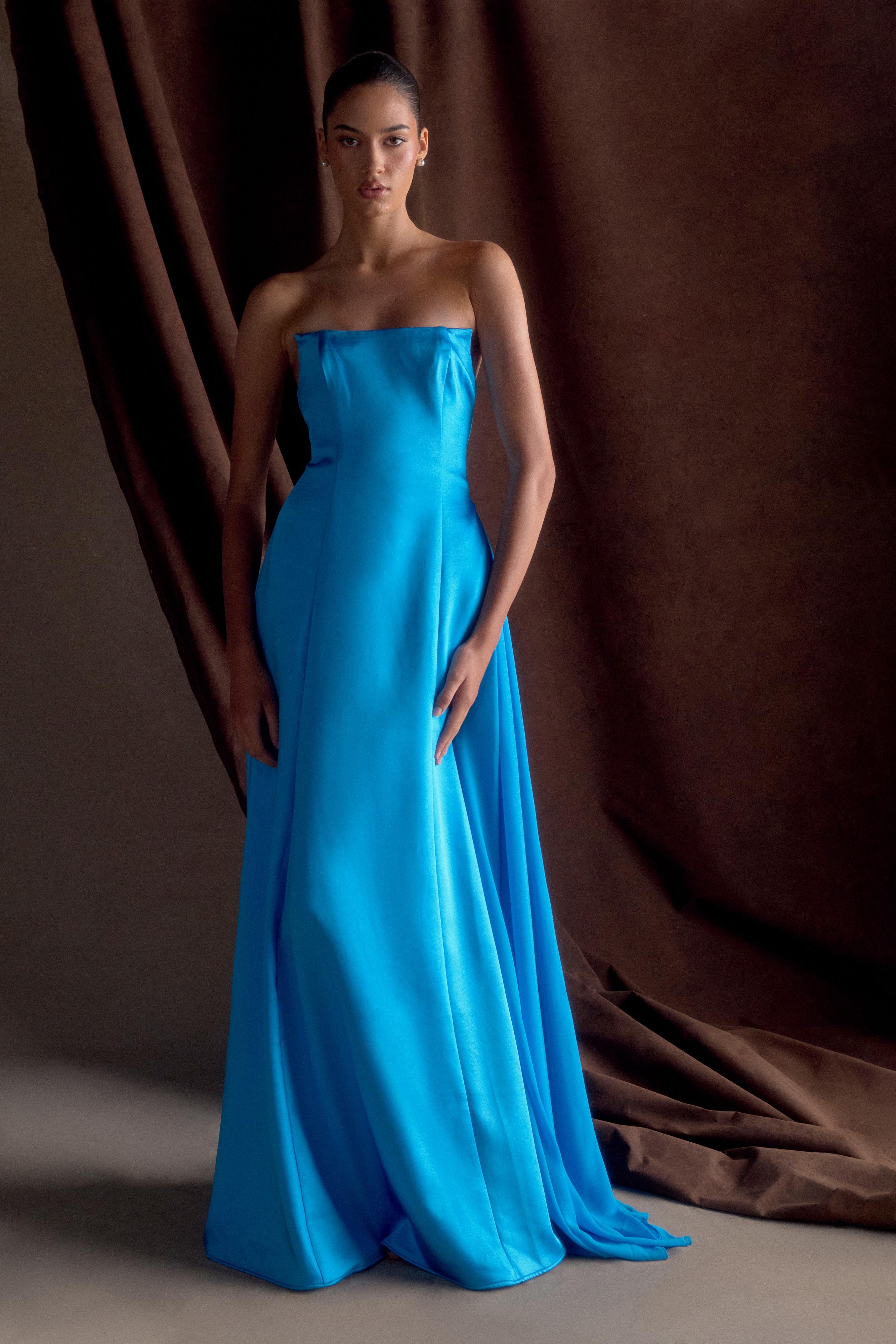 Rosella Satin Strapless Maxi Dress - Cyan Blue、mySite、solidvoid