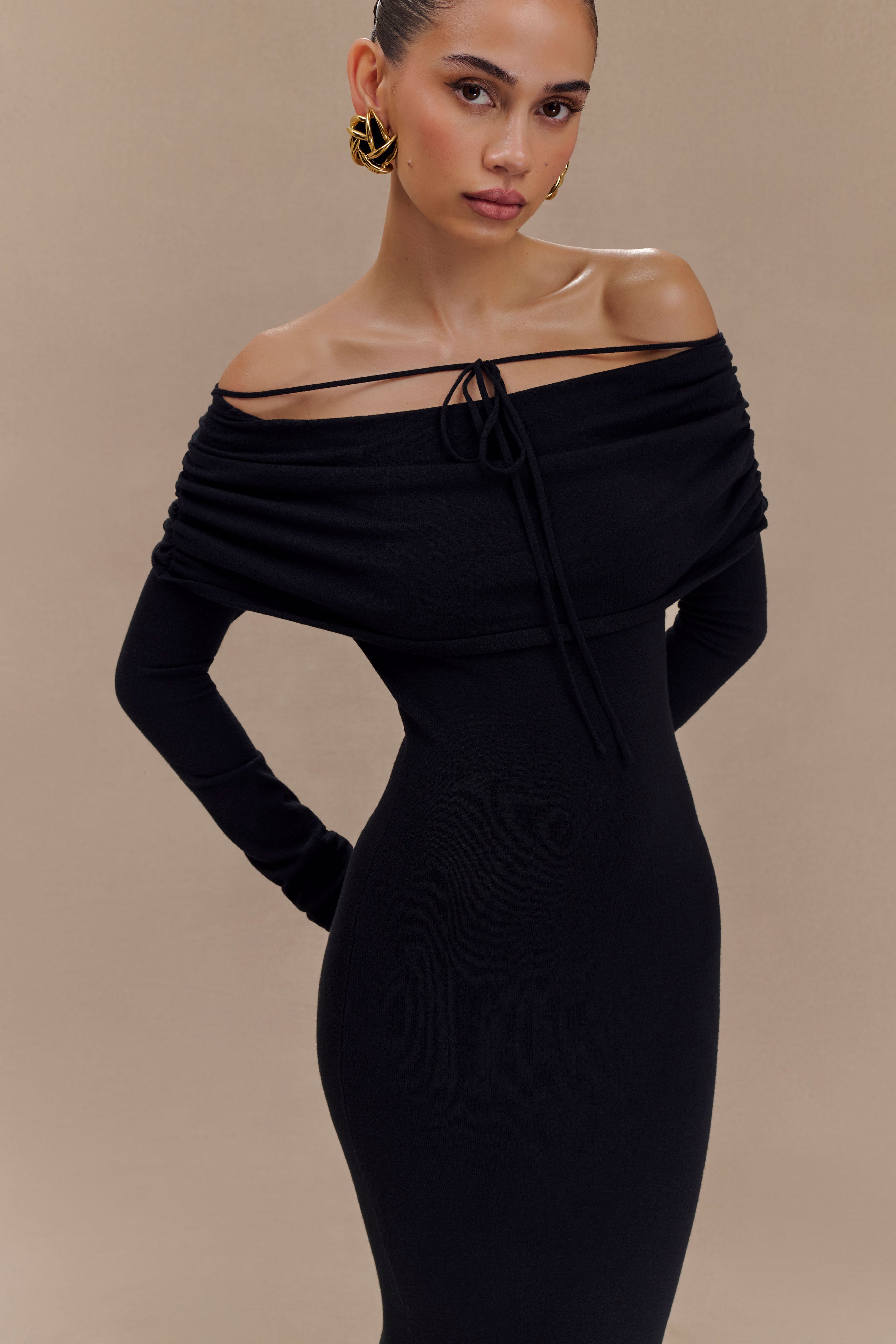 Georgiana Off Shoulder Knit Midi Dress - Black、mySite、solidvoid