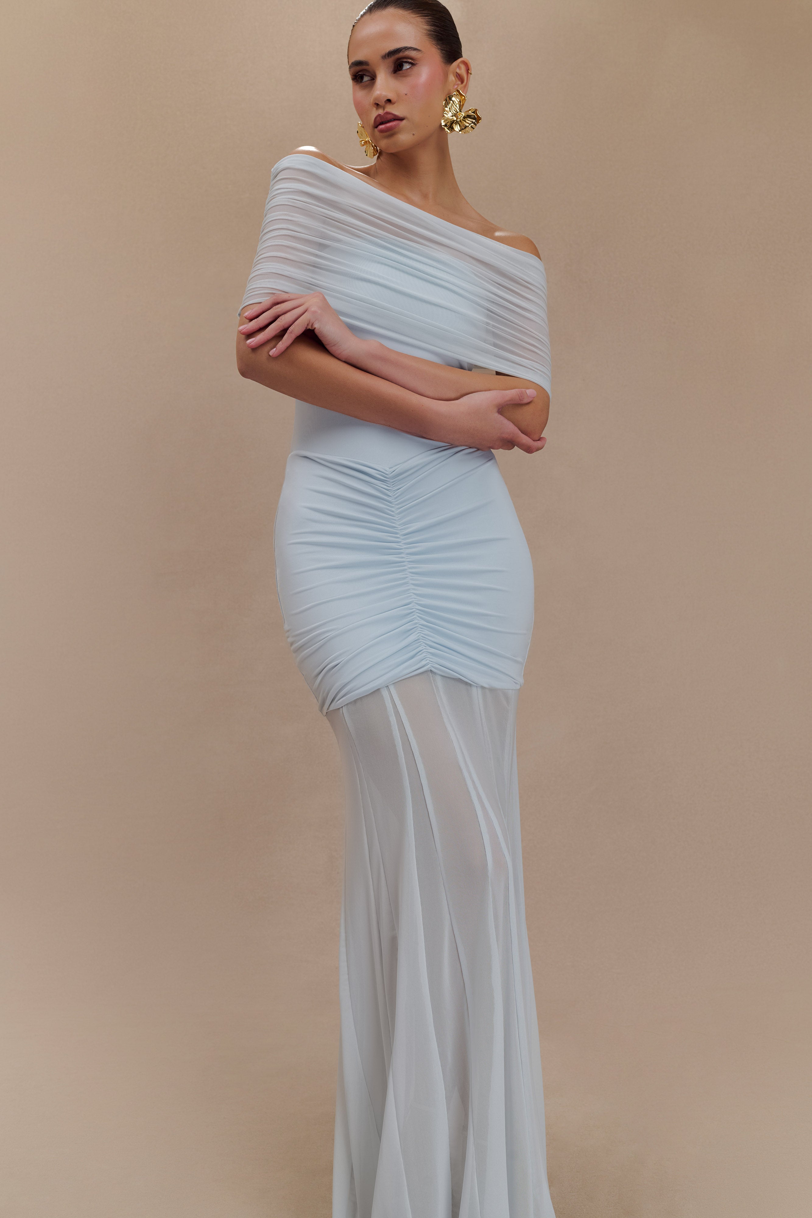 Caspian Slinky And Mesh Off Shoulder Maxi Dress - Pale Blue、mySite、solidvoid