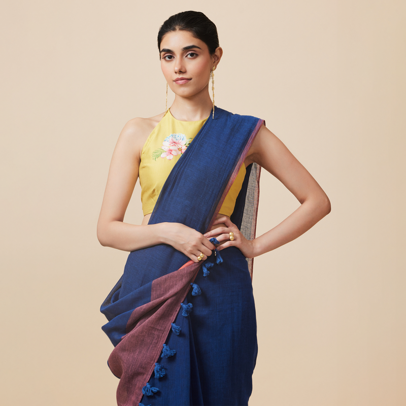 Cotton Solid Saree with Blouse | Dark Blue、mySite、camillekostekn