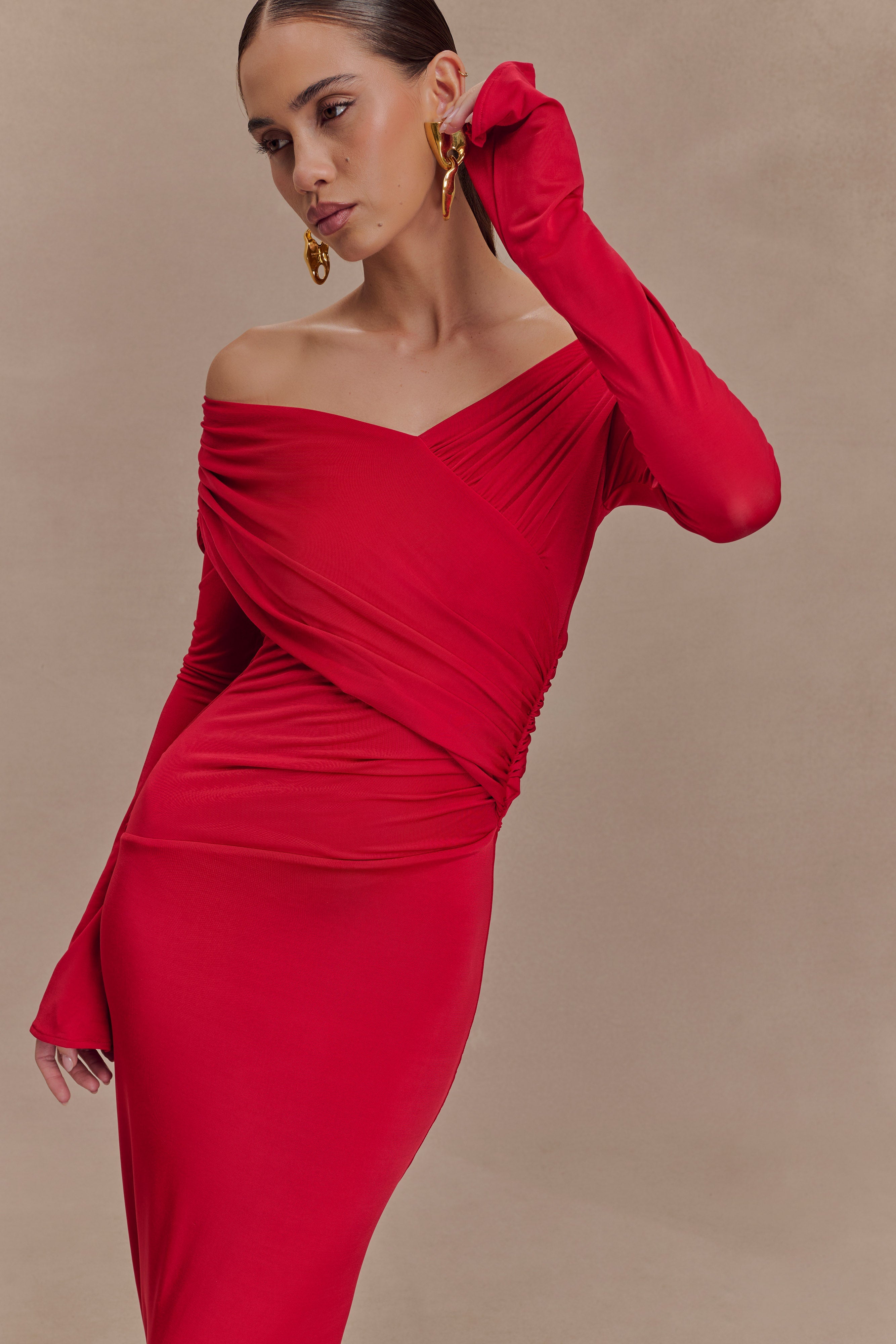 Therese Off Shoulder Ruched Maxi Dress - Red、mySite、solidvoid