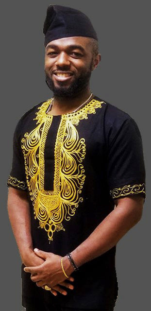 Plain Cotton Gold Embroidered Black Dashiki shirt-DP3776M、mySite、solidvoid
