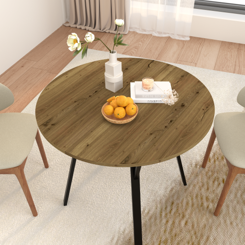 31.5 Inch Round Dining Table, Small Circle Kitchen Table with Metal Black Legs for 2-4 people,Modern Dining Room Table, Brown (only table)、、casual