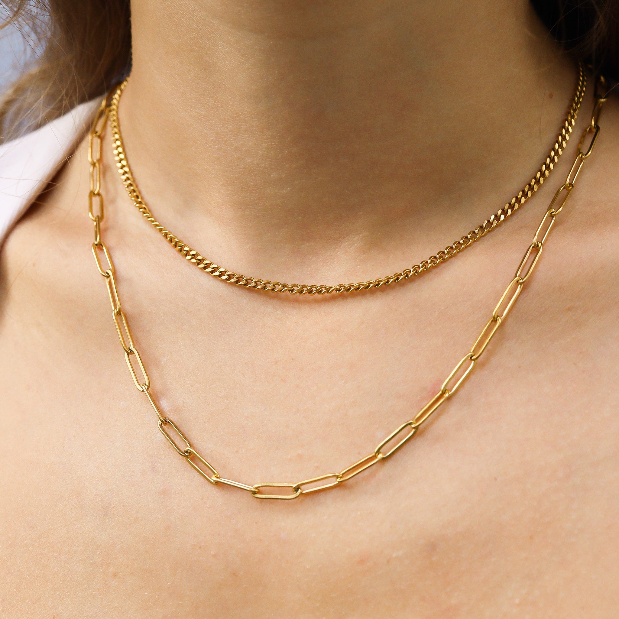 18K Gold PVD Stainless Steel Curb and Paperclip Layered Chain Necklace / CHN0013、mySite、dreamappss