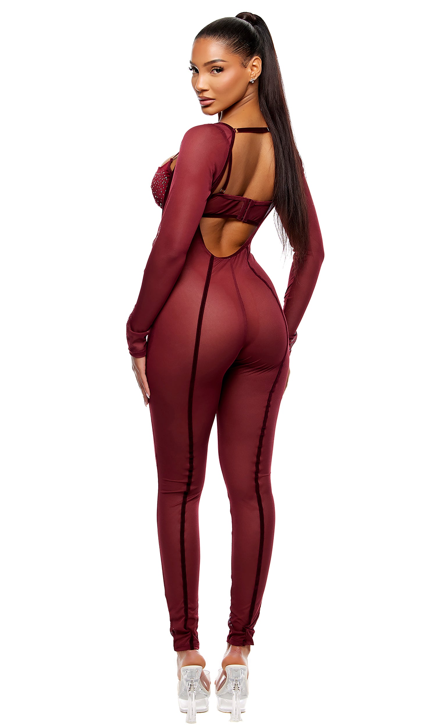 Caught Your Eye Velvet Rhinestone Jumpsuit Lingerie Set - Wine、mySite、bengalsvssteelers