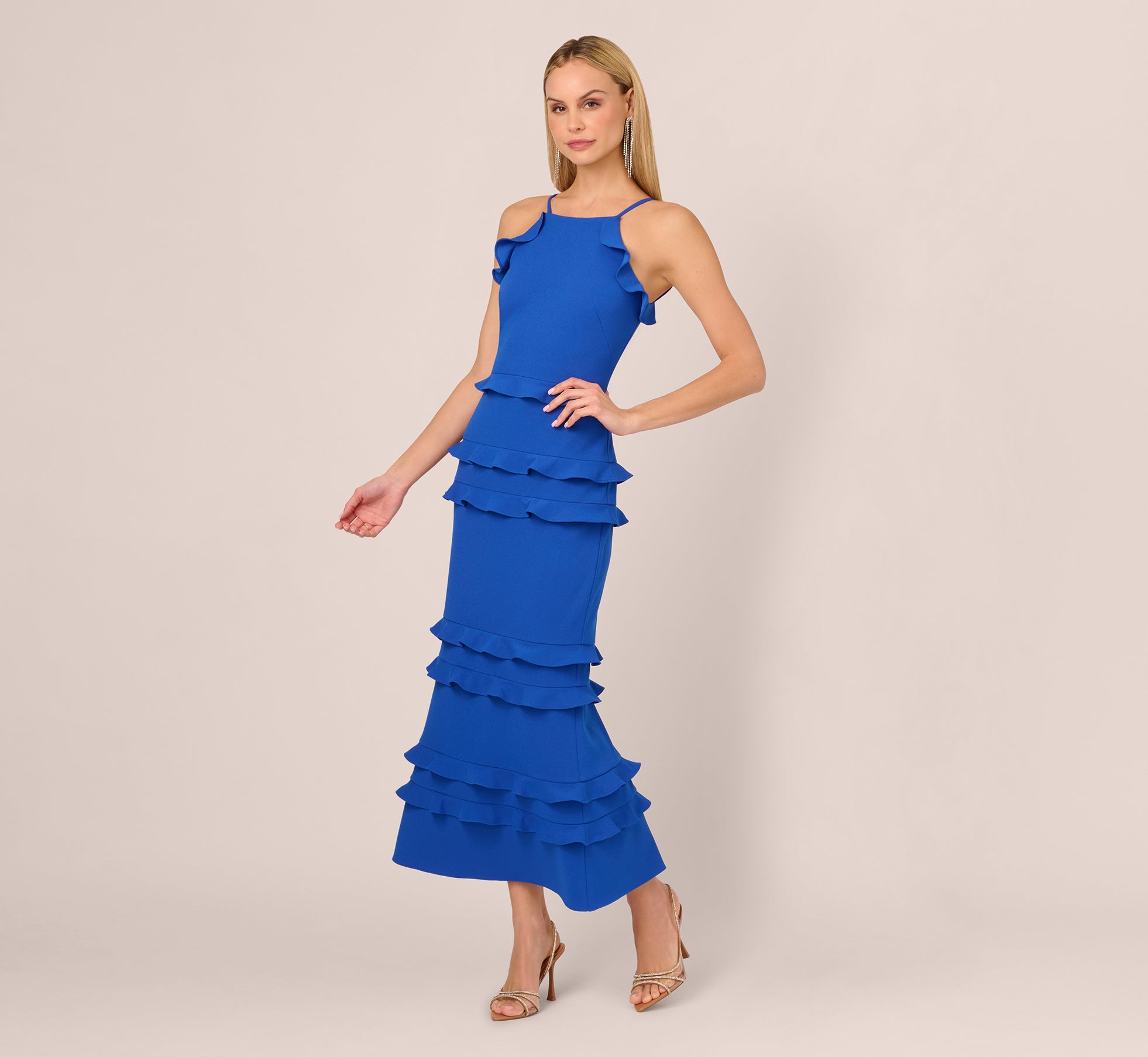 Sleeveless Crepe Flounce Midi Dress In True Blue、mySite、solidvoid