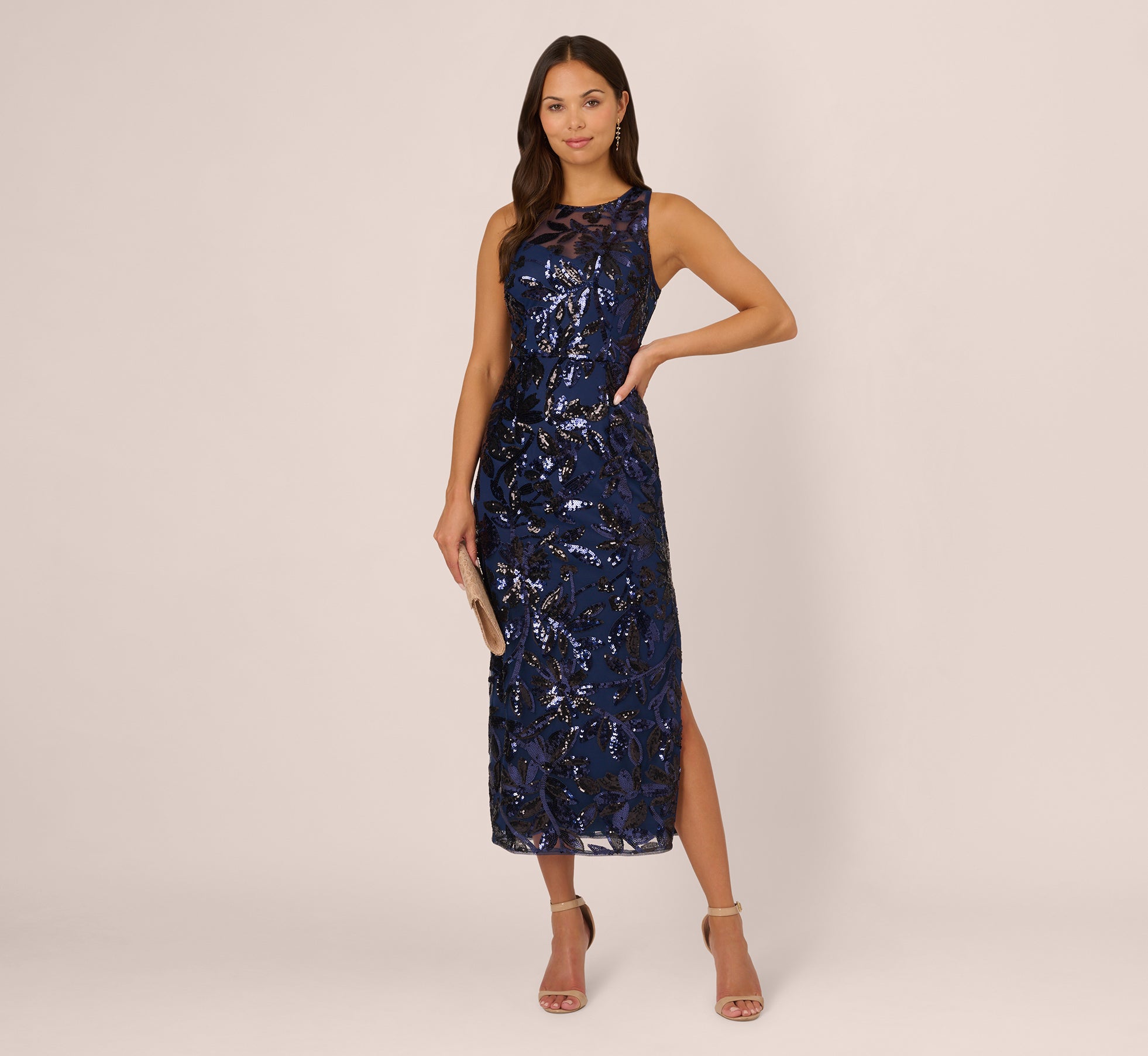 Sequin Leaf Halter Column Gown With Sheer Neckline In Navy Black、mySite、solidvoid