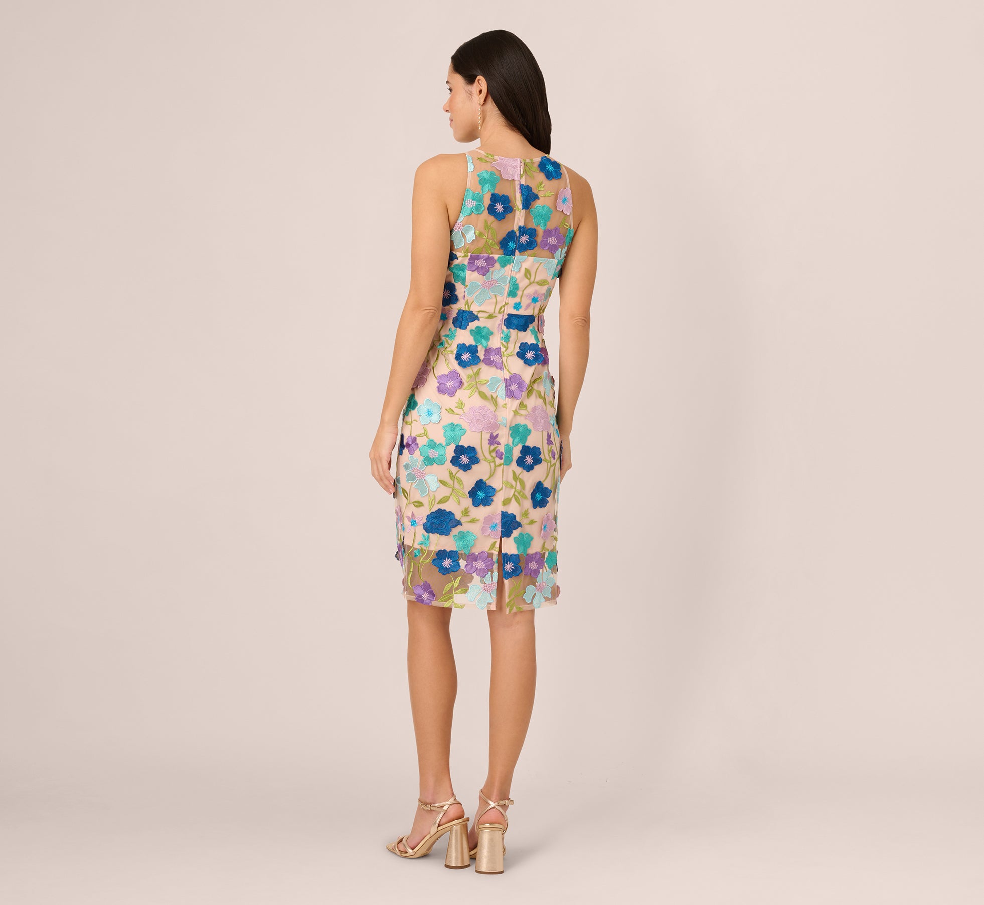 Multicolor Floral Embroidered Halter Midi Dress In Blue Multi、mySite、solidvoid