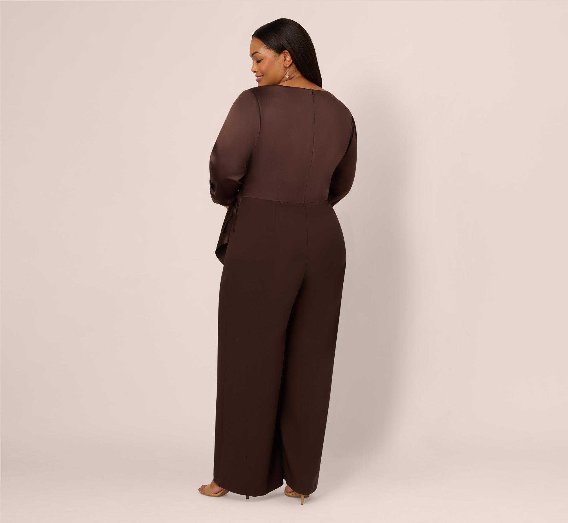 Plus Size Satin Crepe Three Quarter Sleeve Jumpsuit With Buckle Waist In Dark Brown、mySite、solidvoid