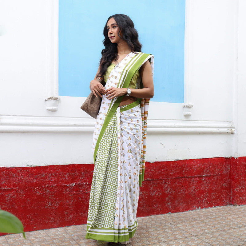 Cotton Saree | Hand Block Print | White & Green、mySite、camillekostekn