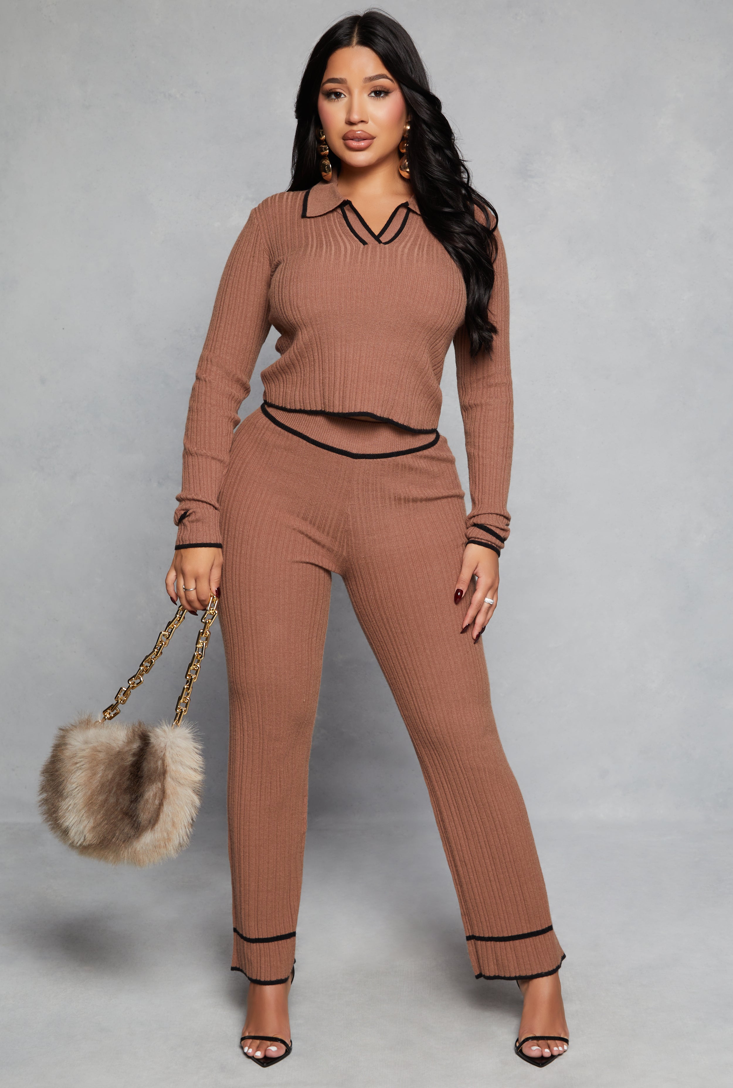 Ribbed Knit Contrast Trim Crop Top、mySite、camillekostekn