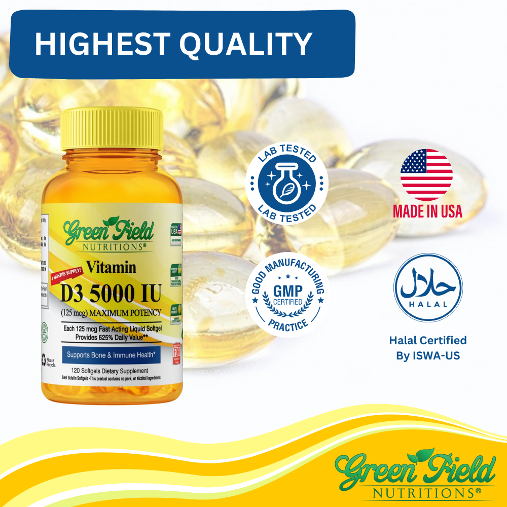 Greenfield Nutritions - Halal Vitamin D3 5000 IU - Immunity and Bone Supports - 120 Softgels - Halal Beef Gelatin、mySite、topwebapps