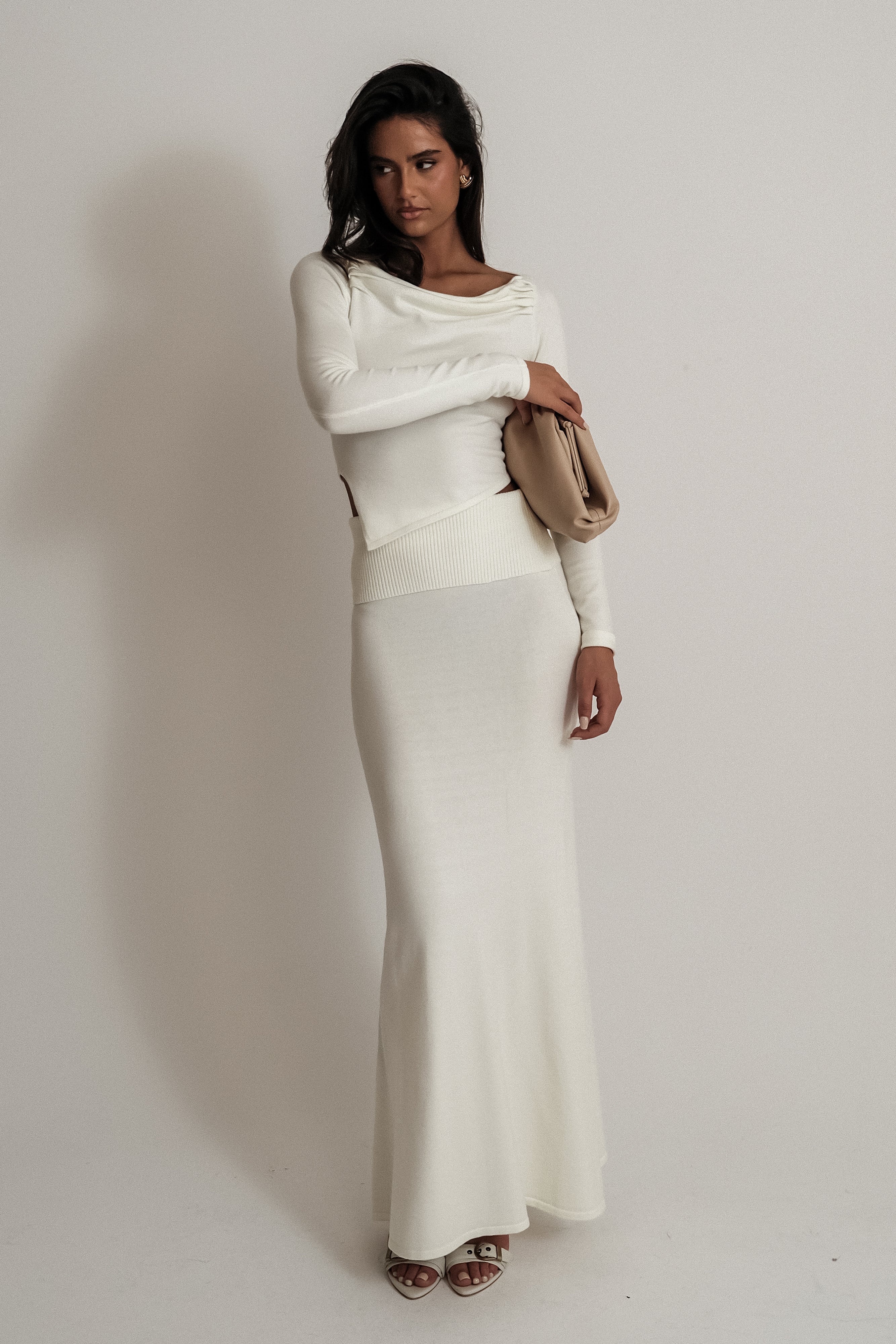 Karlie Knit Maxi Skirt With Ribbed Waist - Ivory、mySite、solidvoid