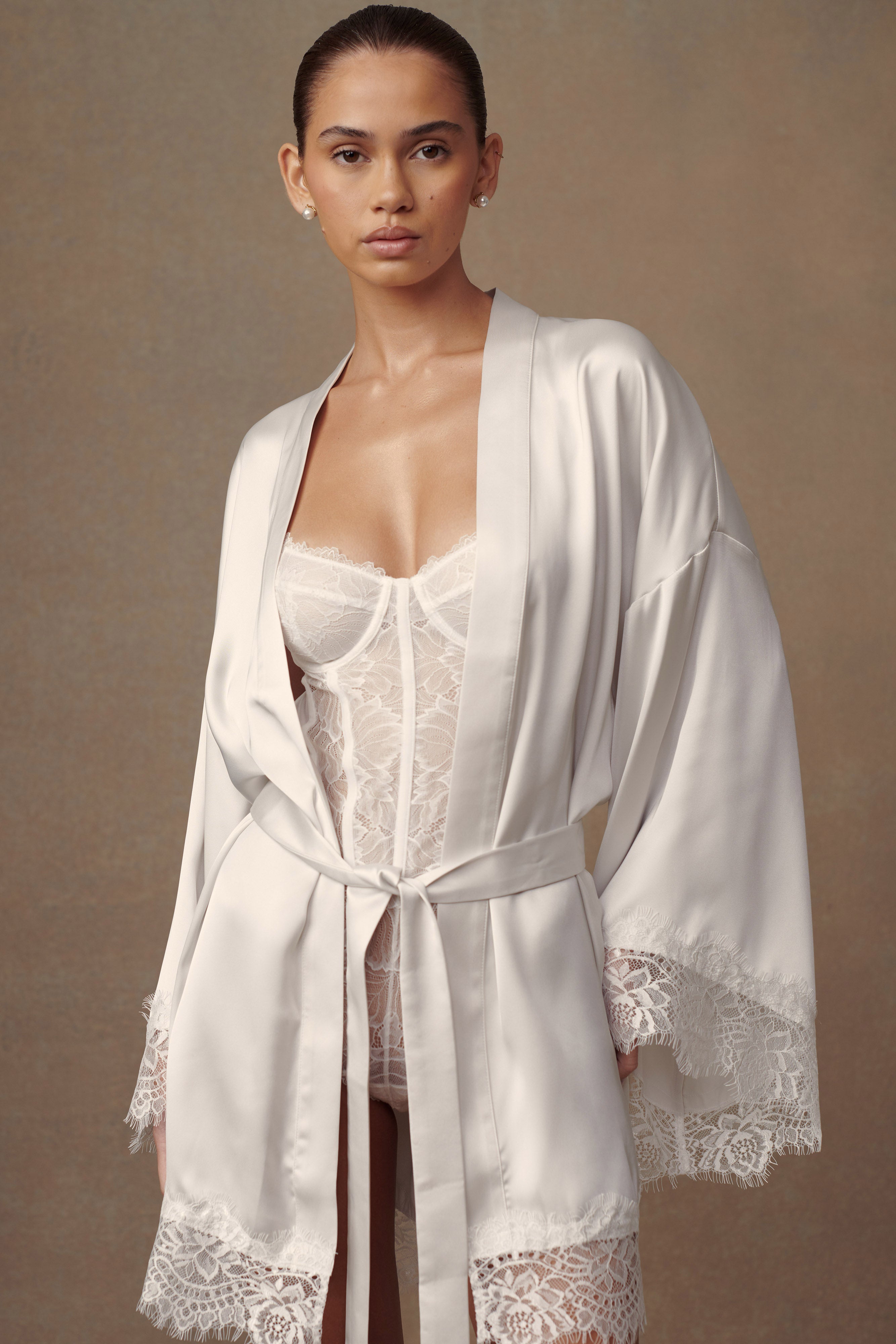 Annabeth Lace Trim Bridal Robe - White、mySite、solidvoid
