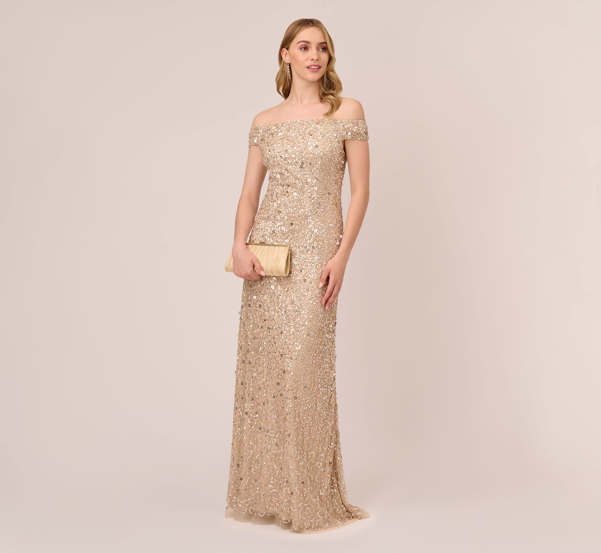 Off The Shoulder Sequin Beaded Gown In Champagne、mySite、solidvoid