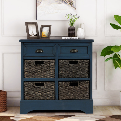 TREXM Rustic Storage Cabinet with Two Drawers and Four Classic Rattan Basket for Dining Room/Entryway/Living Room (Antique Navy)、、casual