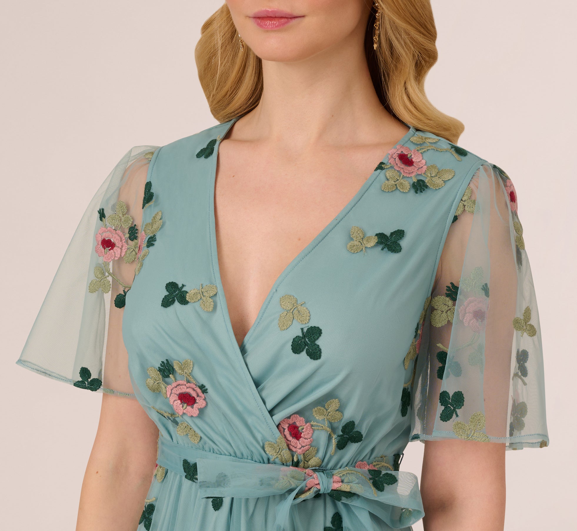 Flutter Sleeve Surplice Embroidered Midi Dress In Slate Multi、mySite、solidvoid