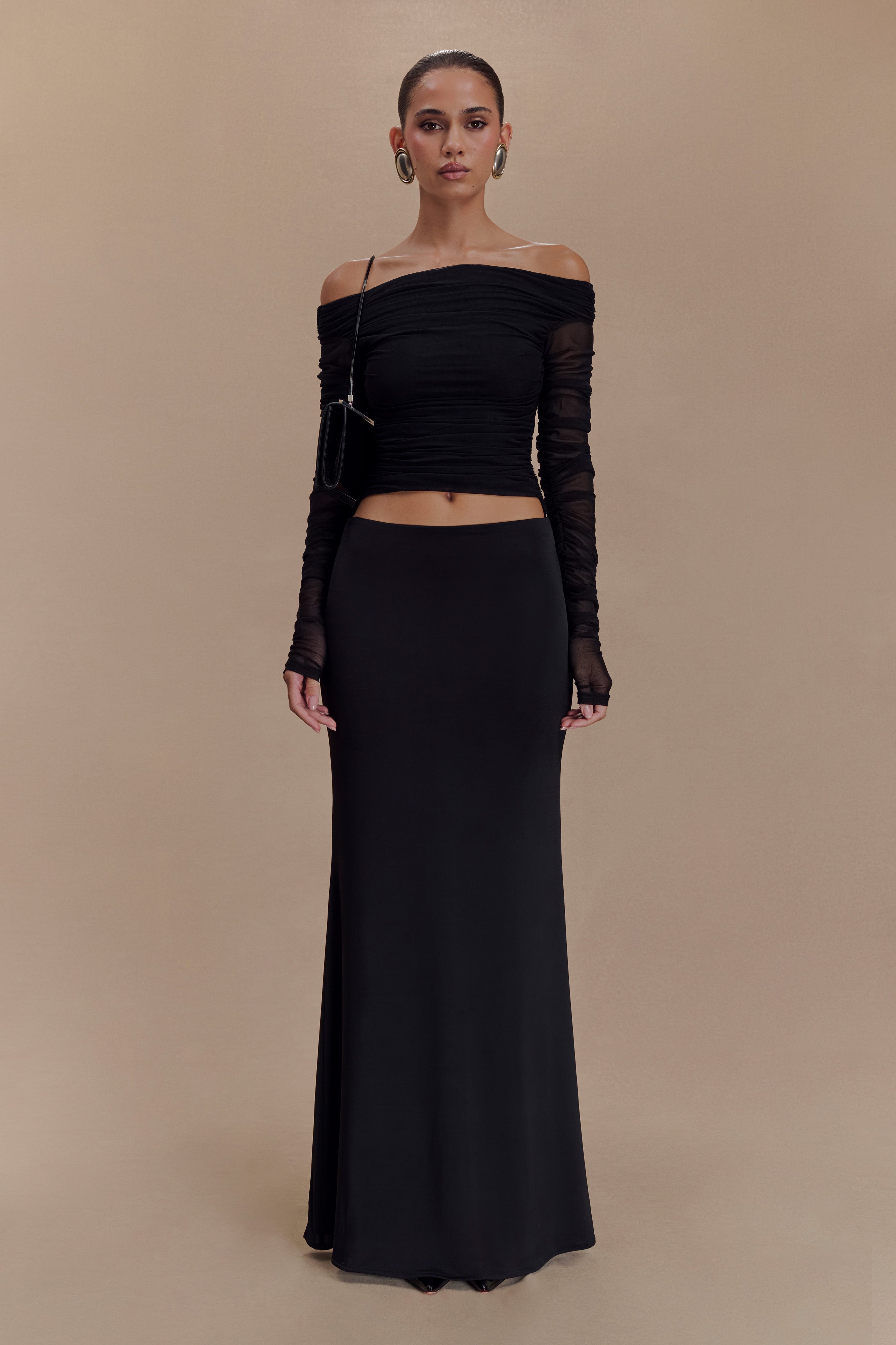Darla Mesh And Slinky Off Shoulder Maxi Dress - Black、mySite、solidvoid