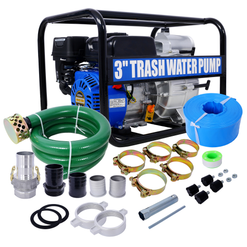 Semi Trash Pump 3 inch, 209cc 7HP 4 stroke OHV ENGINE, Gas Powered Semi Trash Water Pump 50 ft Discharge Hose, 12 ft Suction Hose with Complete Fittings,EPA compliant、、eastwooduniform