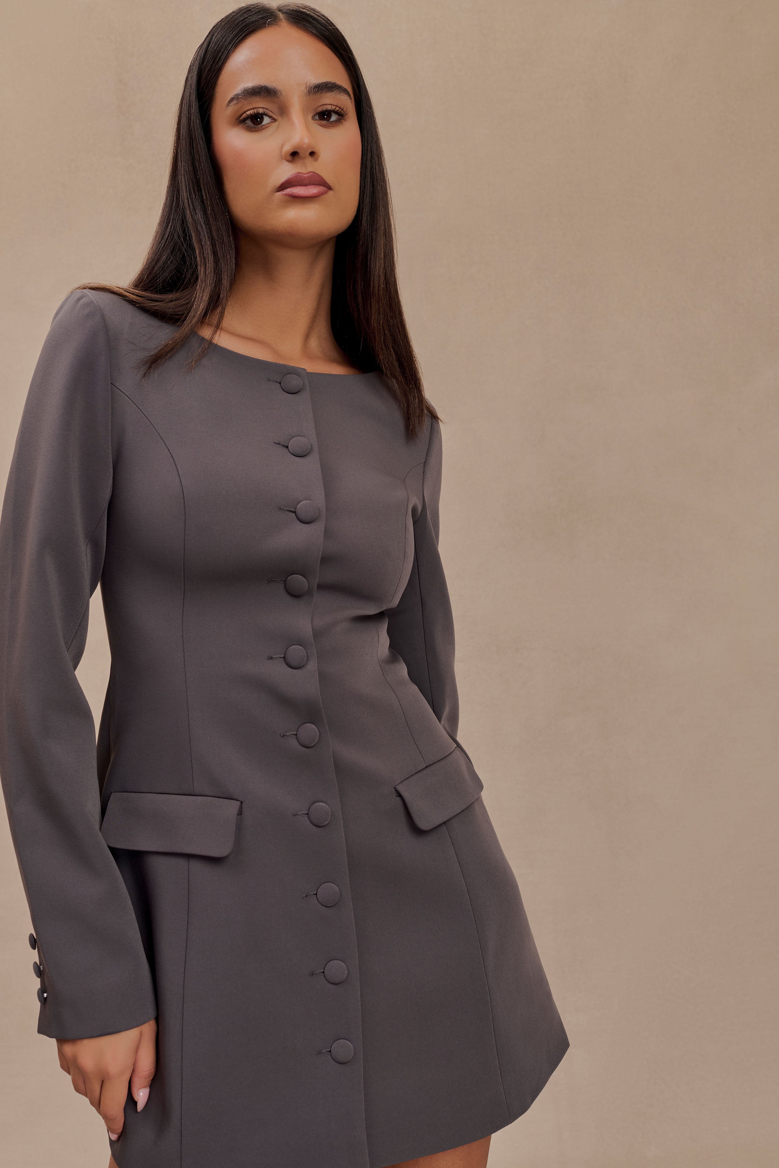 Jolie Boat Neck Suiting Mini Dress - Charcoal Grey、mySite、solidvoid