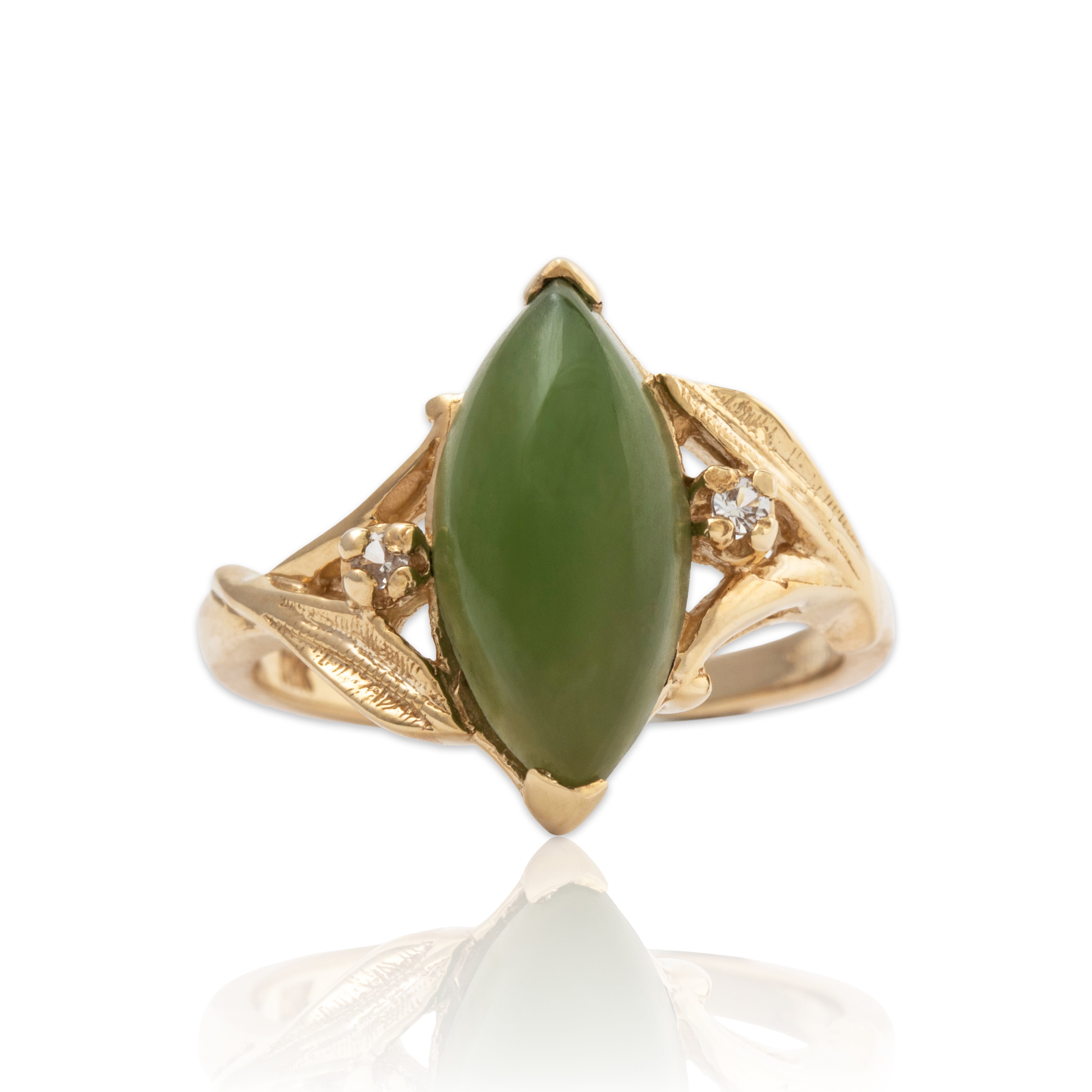 Vintage 10k Yellow Gold 3.5ct Jade Diamond Lovely Leafy Navette Ring 6.00、mySite、hinf8tx79