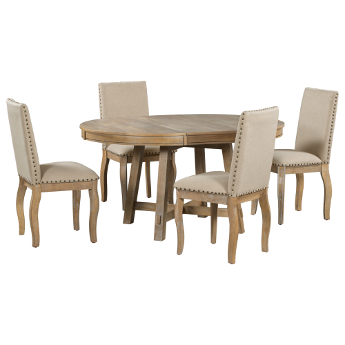 TREXM 5-Piece Farmhouse Dining Table Set Wood Round Extendable Dining Table and 4 Upholstered Dining Chairs (Natural Wood Wash)、、casual