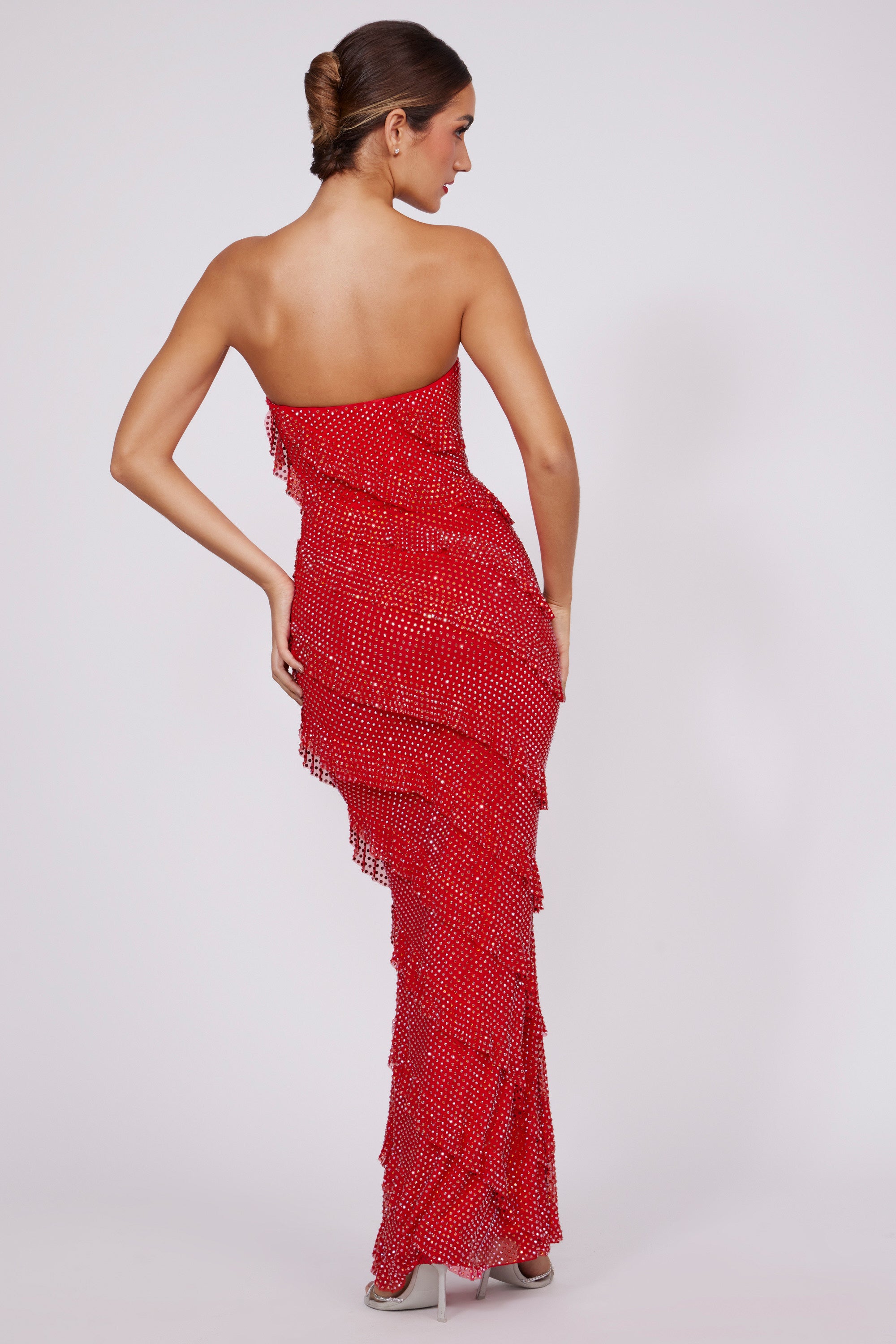 Embellished Strapless Ruffle Maxi Dress in Fire Red、mySite、solidvoid