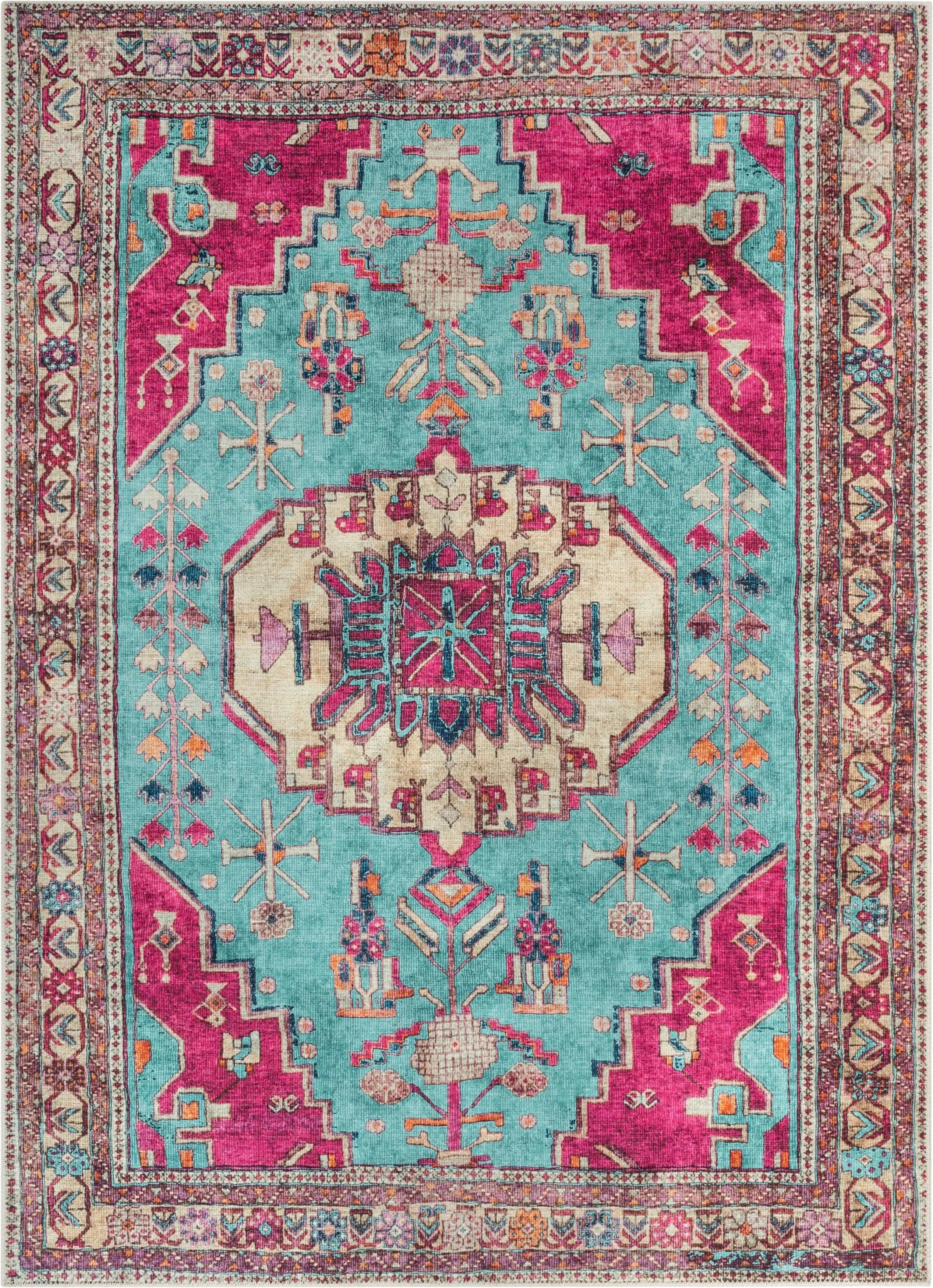 Shasta Machine Washable Vintage Bohemian Medallion Persian Blush Turquoise Flat-Weave Distressed Rug、mySite、gigharbornorthrealestate