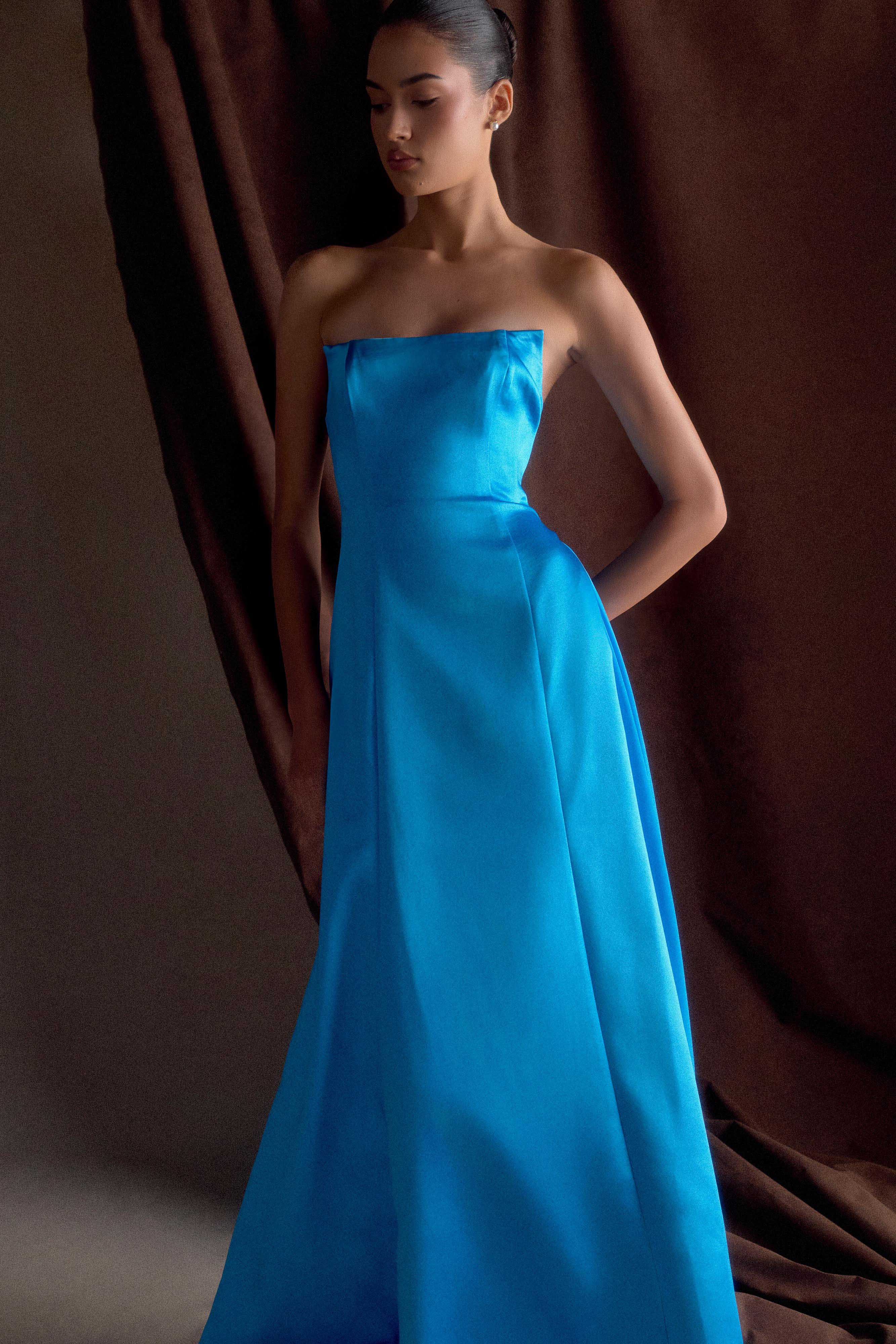 Rosella Satin Strapless Maxi Dress - Cyan Blue、mySite、solidvoid