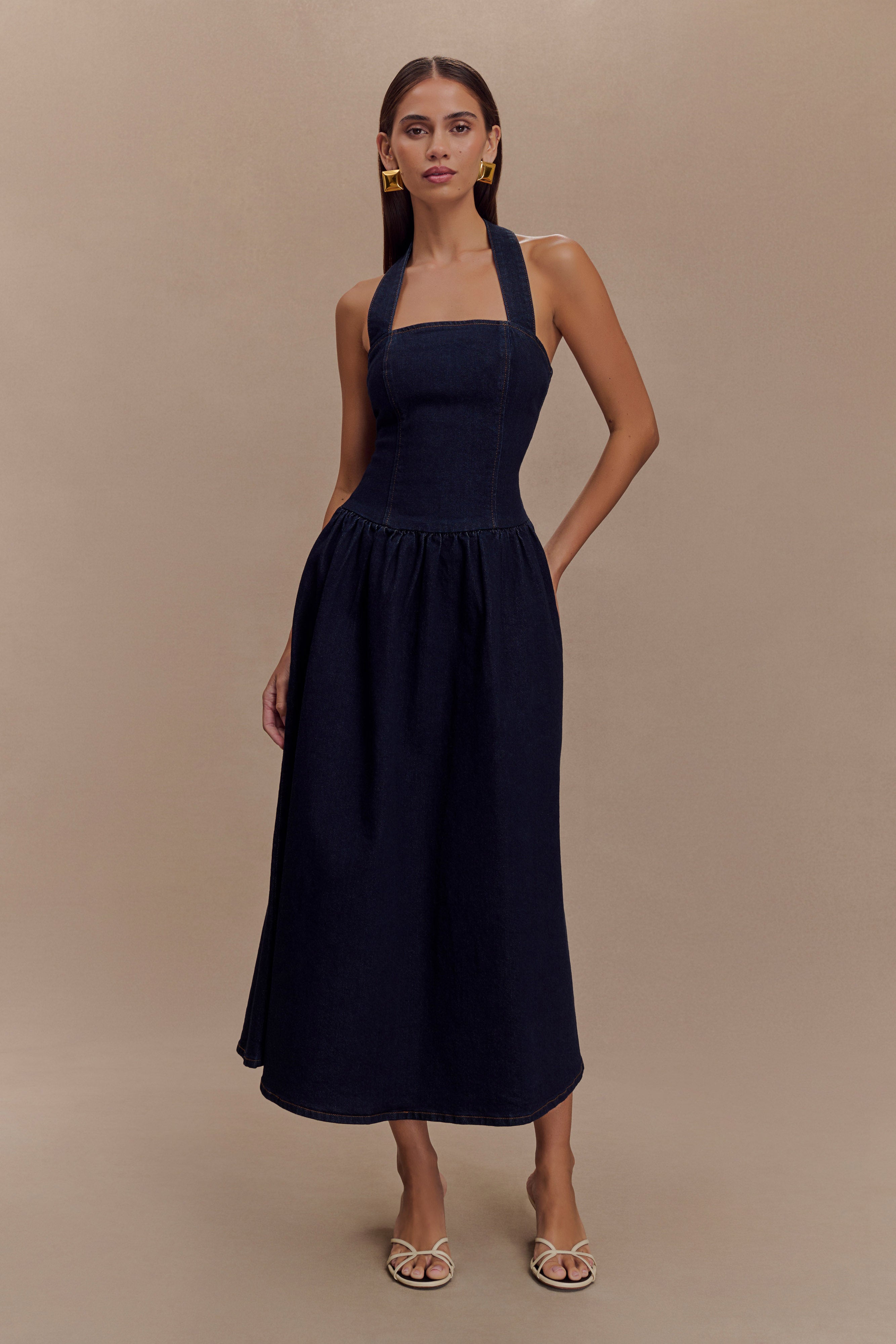 Caroline Denim Halter Midi Dress - Indigo Blue、mySite、solidvoid