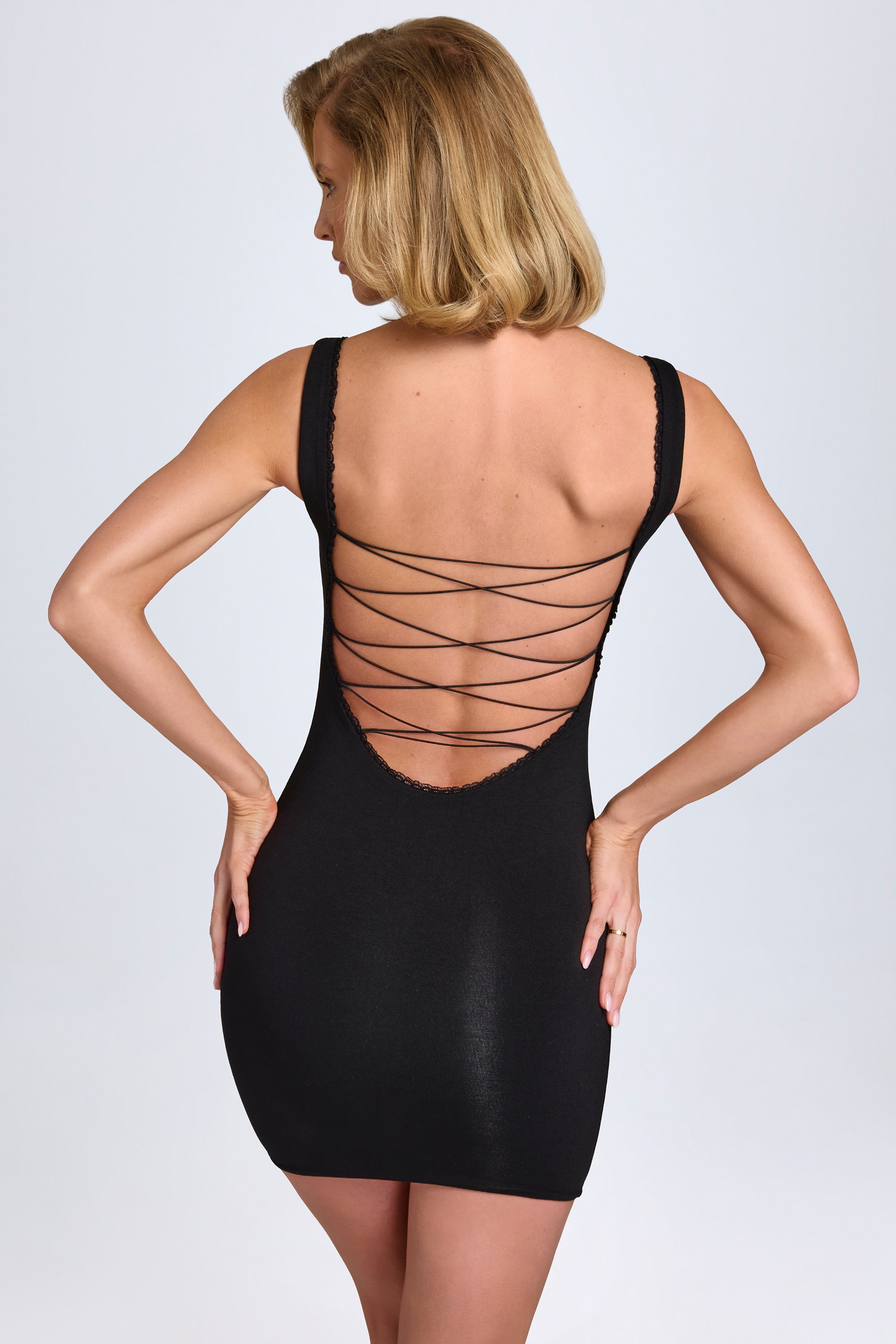Modal Lace-Trim Bodycon Mini Dress in Black、mySite、solidvoid