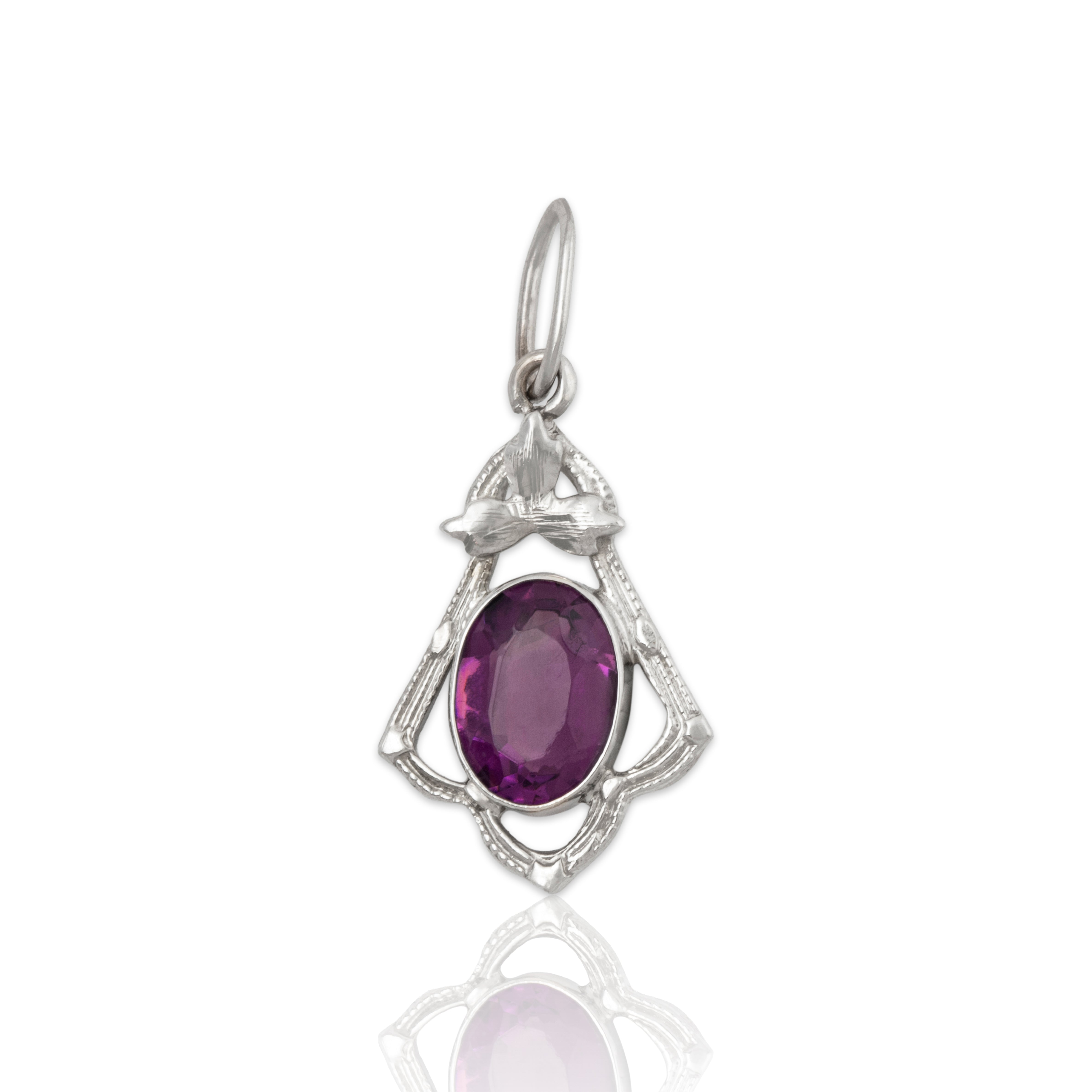 Antique Art Deco 10k White Gold Deep Purple Glass Blossom Charm / Pendant、mySite、hinf8tx79