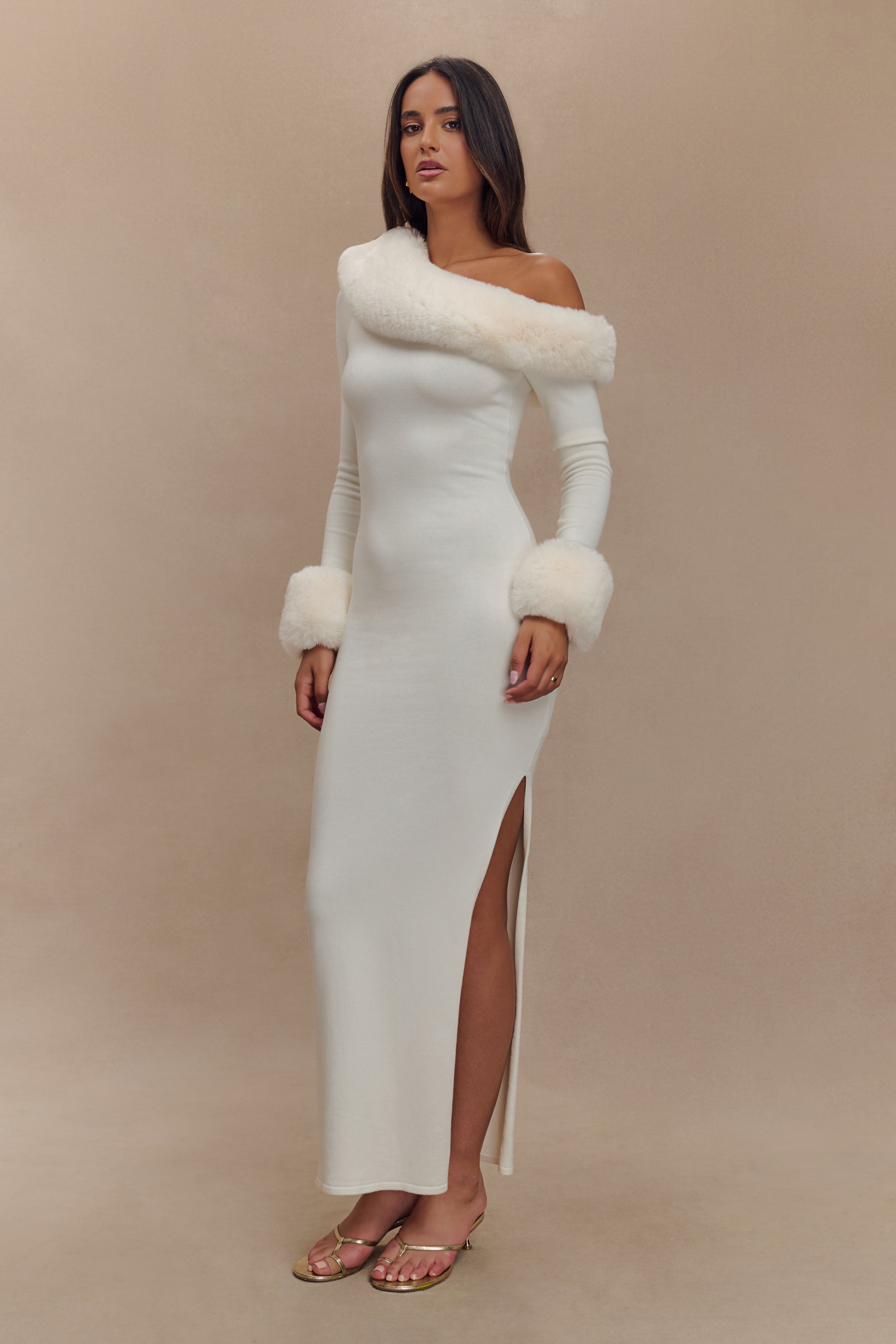 Karleigh Faux Fur Knit Maxi Dress - Ivory、mySite、solidvoid