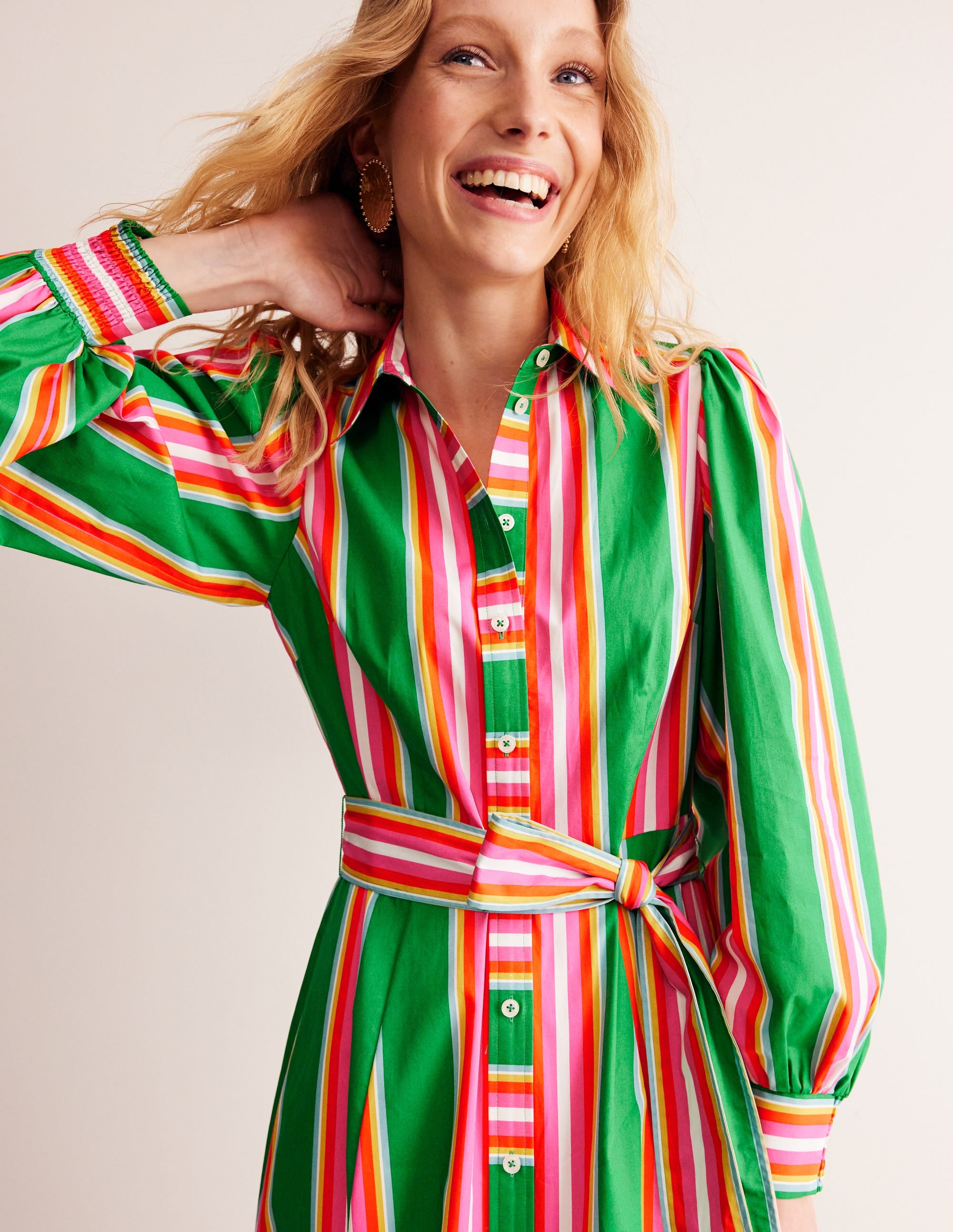  Cotton Midi Shirt Dress-Green Tambourine, Pink Stripe、mySite、ashleygrahame