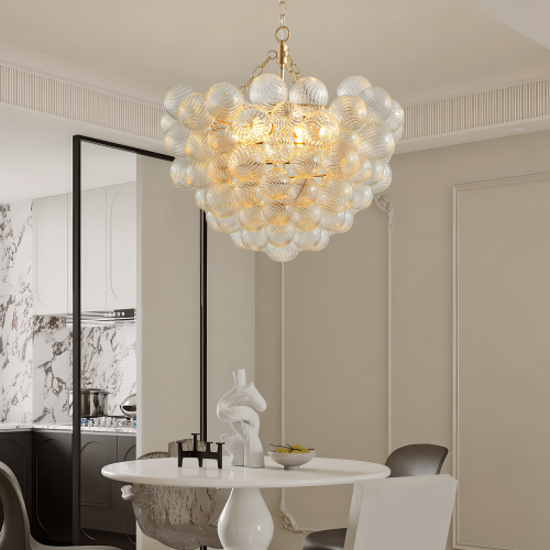 23.6-Inch Gold Pendant Light Chandelier with Threaded Clear Glass Globe Shade – Adjustable Height, Ideal for Living Room, Dining Room, Kitchen (No Bulbs)、、eastwooduniform