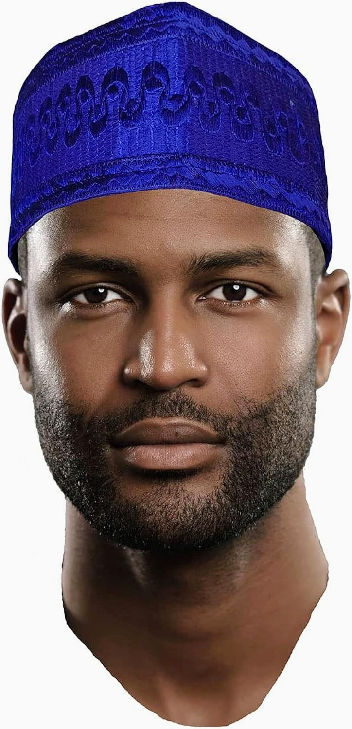 Dupsie's Embroidered Royal-Blue African Aso Oke 峄�l谩F矛l� Handwoven Fila Kufi Cap Hat DPH294、mySite、solidvoid