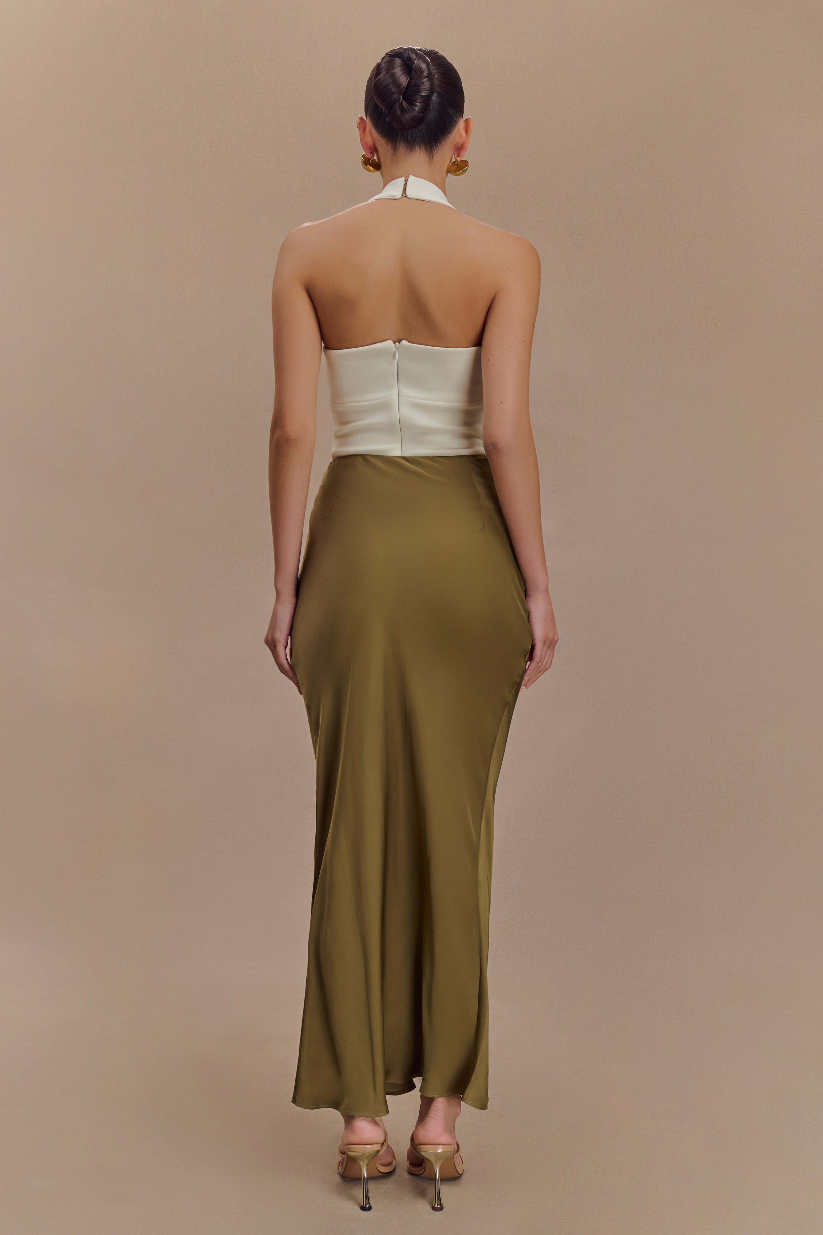 Nicola Satin Asymmetric Maxi Skirt - Basil、mySite、solidvoid