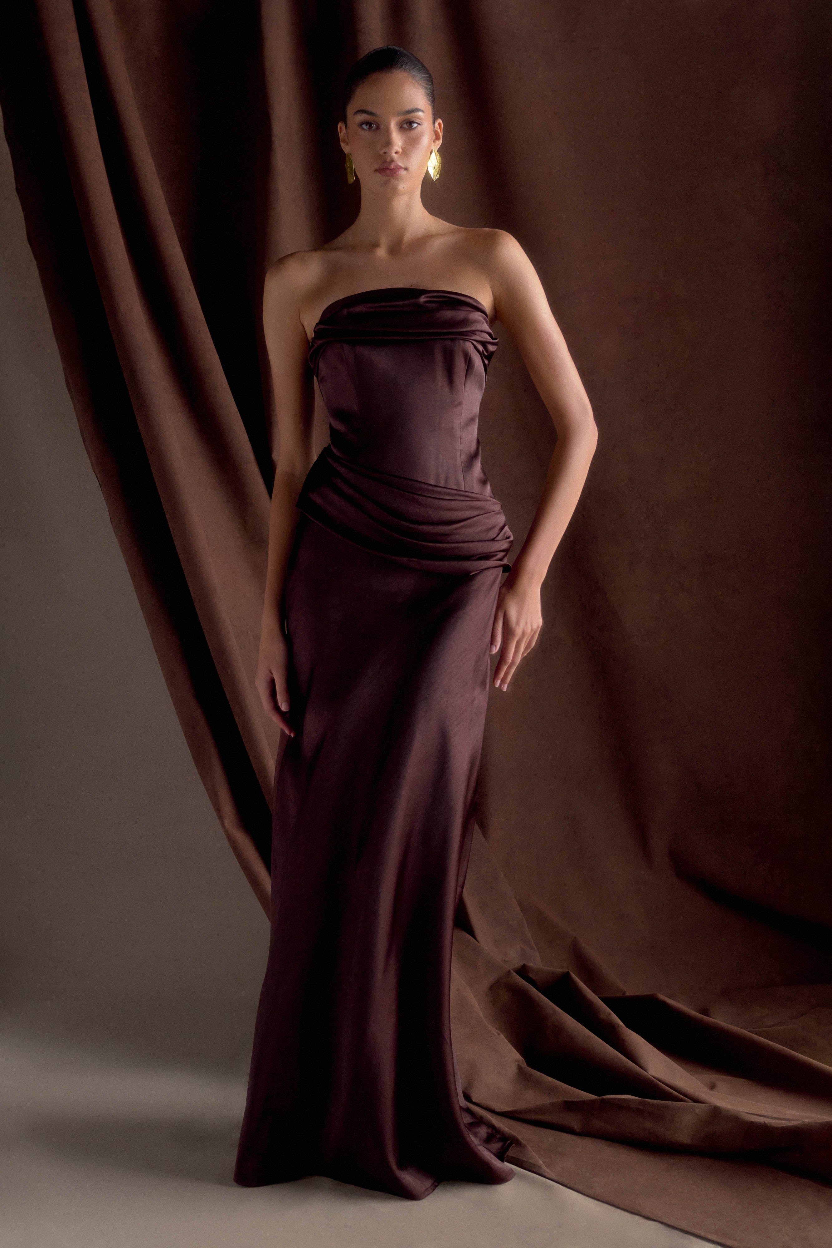 Jasmine Strapless Satin Maxi Dress - Dark Chocolate、mySite、solidvoid
