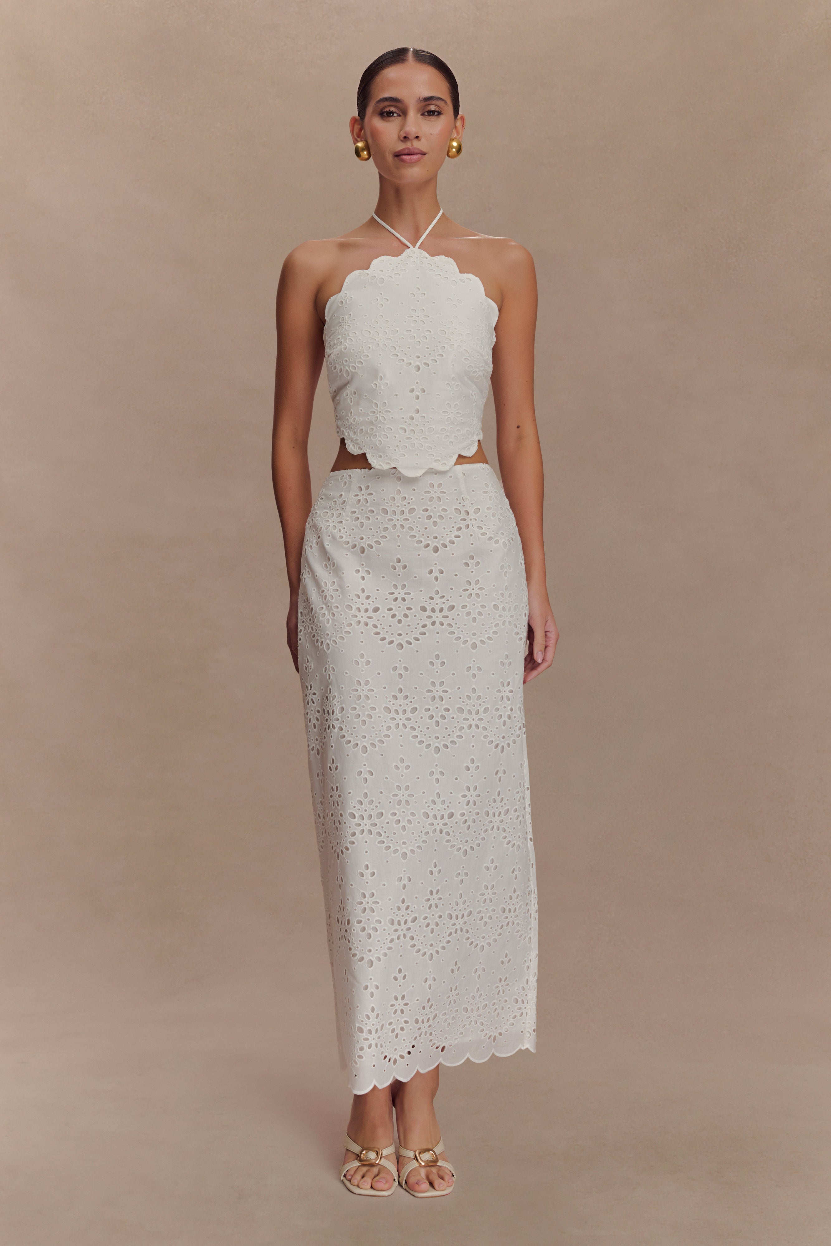 Kensley Broderie Midi Skirt - White、mySite、solidvoid