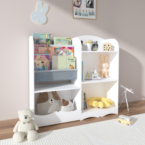 Kids Bookshelf and Toy Storage Organizer, Multifunctional 4 Tier Wooden Kids Book Shelf with Bookcase Display Stand in Kids Room Playroom Nursery for Kids, Children, Toddlers (White)、、casual