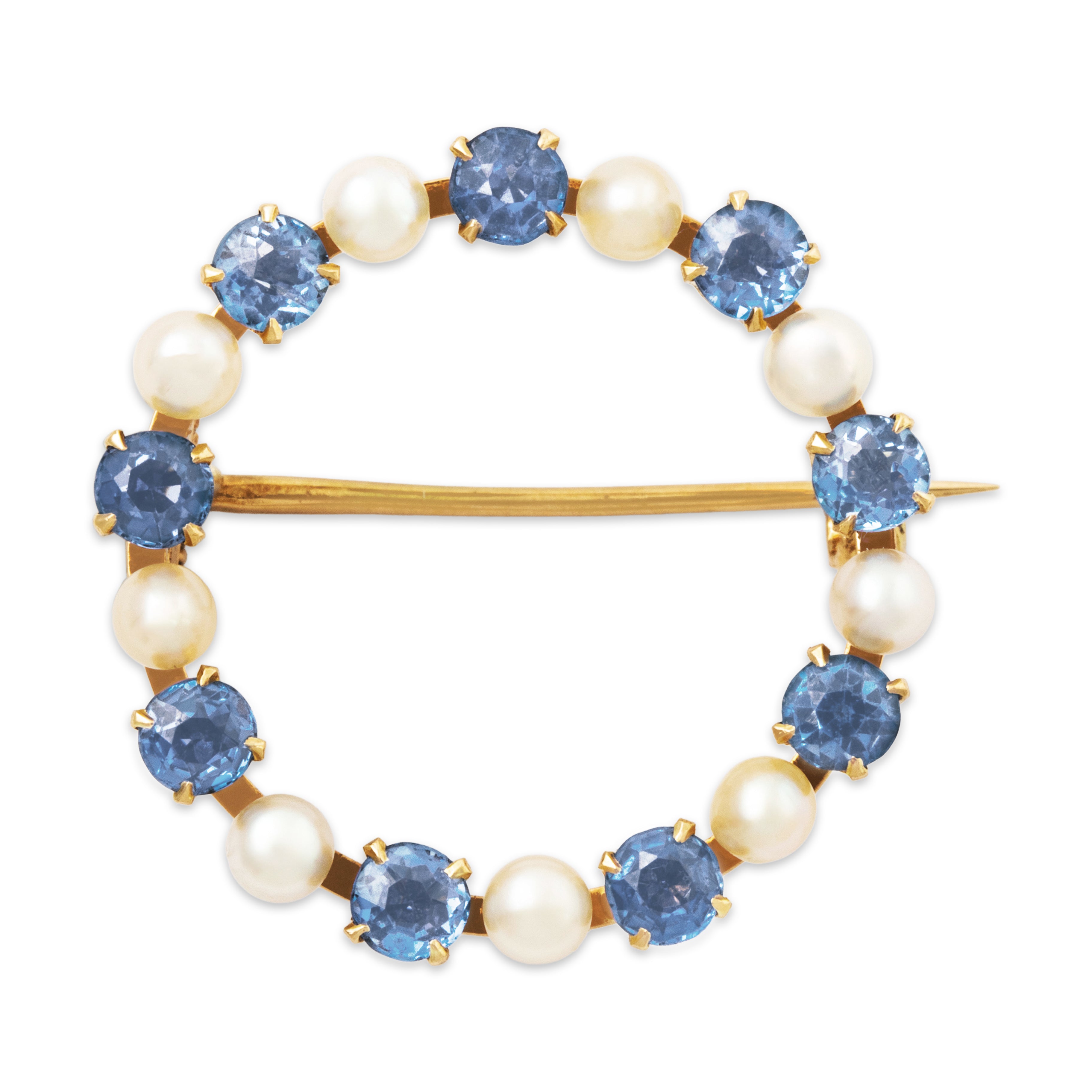 Antique 14k Yellow Gold 1.44cttw Synthetic Sapphire Pearl Elegant Brooch / Pin、mySite、hinf8tx79