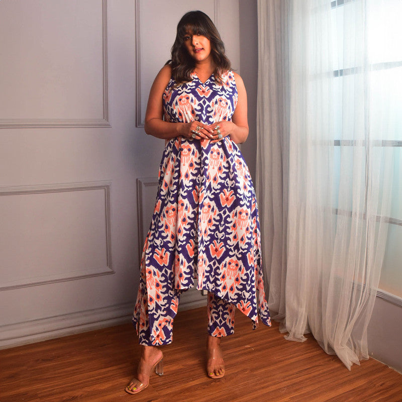 Cotton Kurta Set For Women | V Neck | Block Print | Blue、mySite、camillekostekn